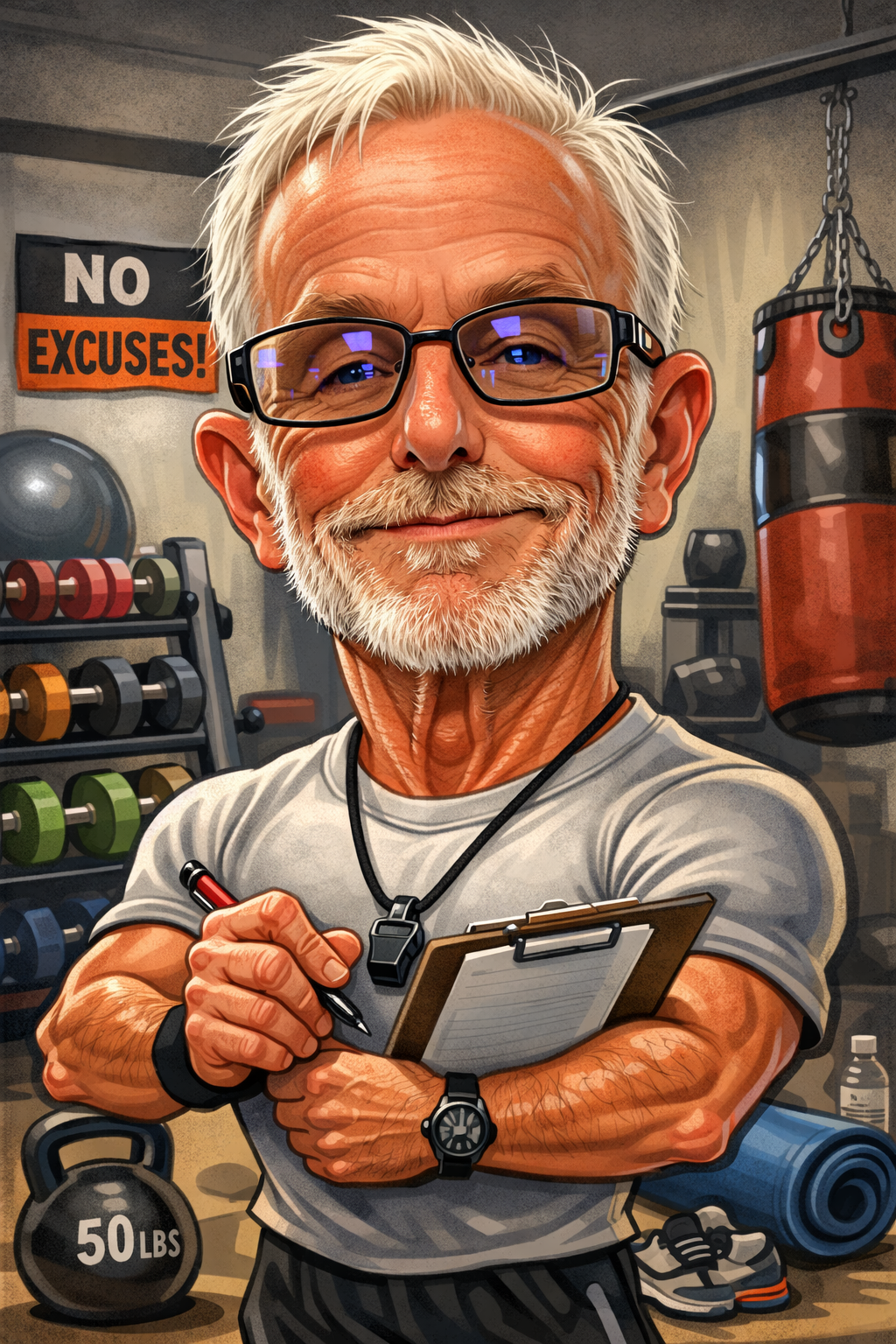 A cheerful older man with glasses, a white beard, and workout attire in a gym, holding a clipboard and pen, with gym equipment and a motivational sign that says 'NO EXCUSES!'