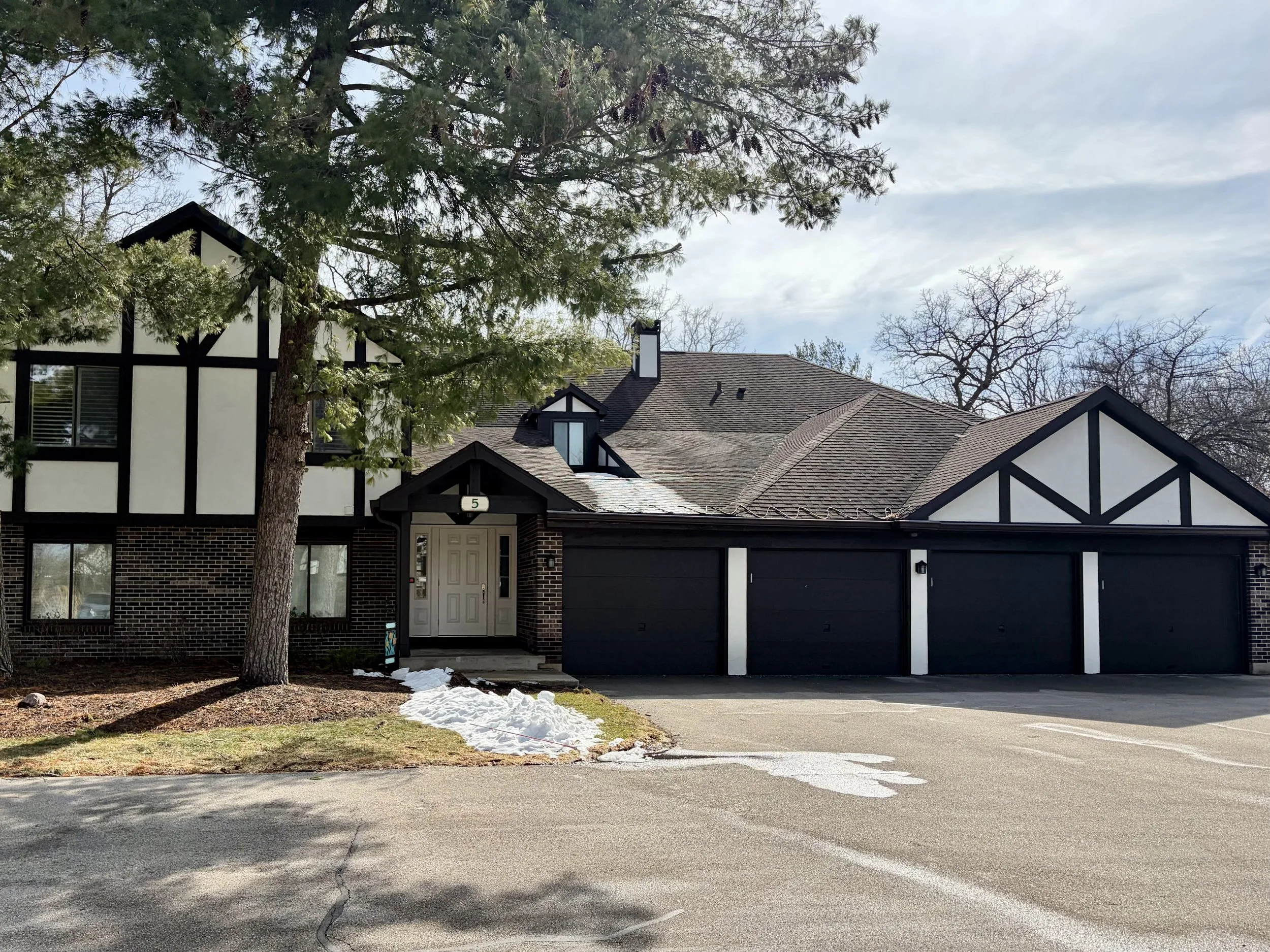 A two-story house with black and white exterior, brick accents, a white front door, and a black garage door. There is a large tree with green foliage in front, and some snow on the ground near the sidewalk.