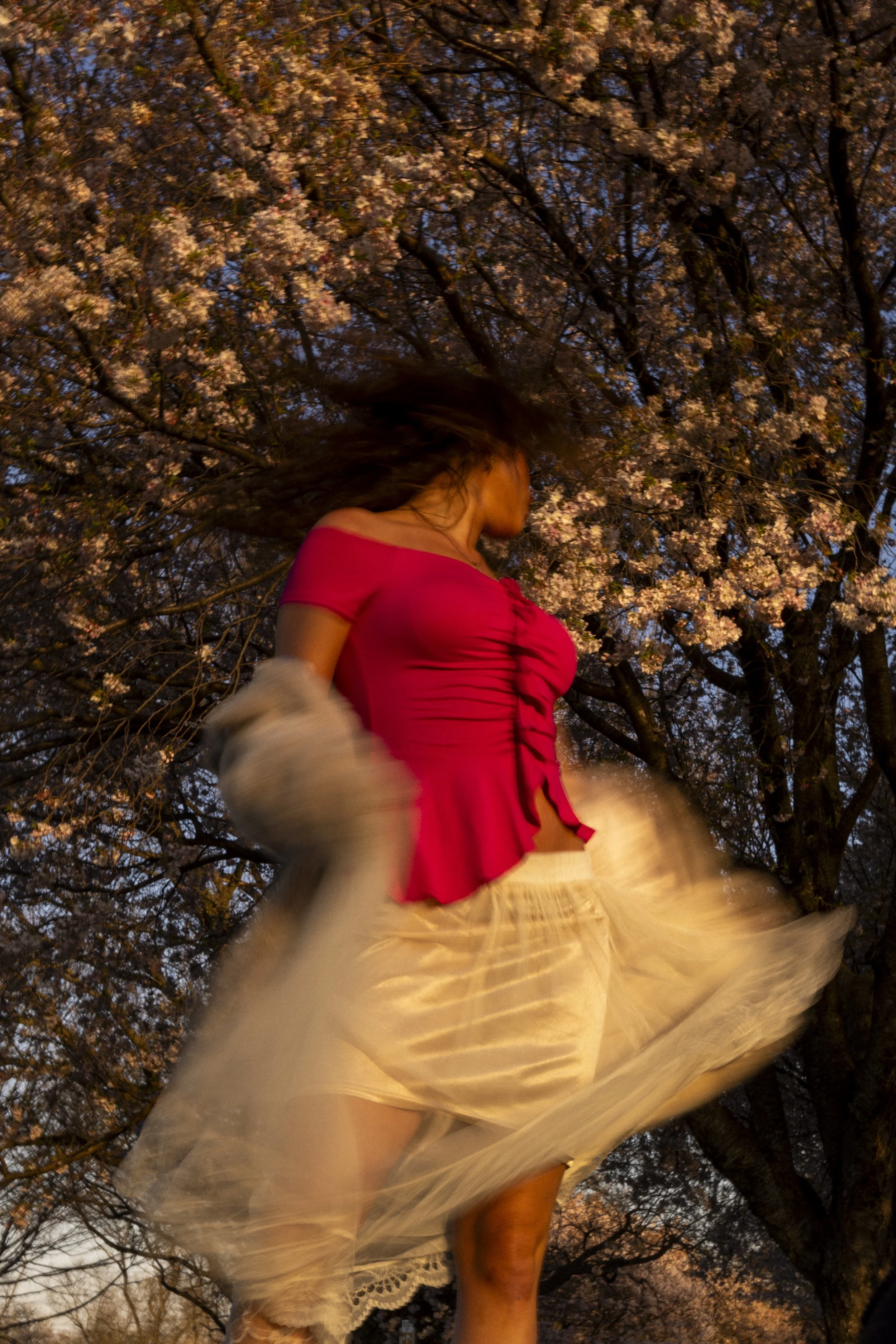 A woman in a pink top and cream-colored skirt twirling outdoors at sunset, with blooming pink cherry blossom trees in the background.