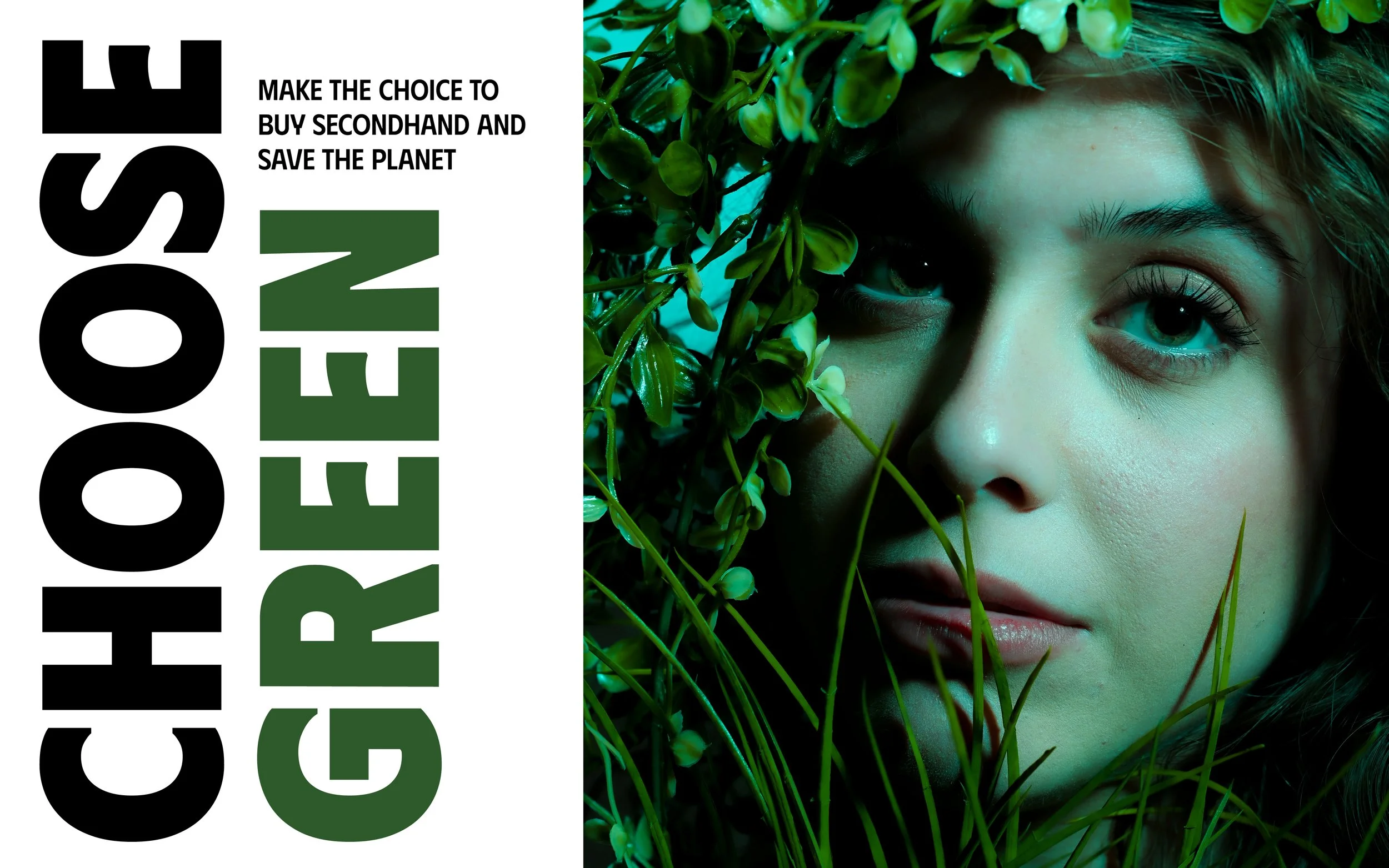 A woman with green eyes and natural makeup surrounded by green foliage and plants, partially obscuring her face.