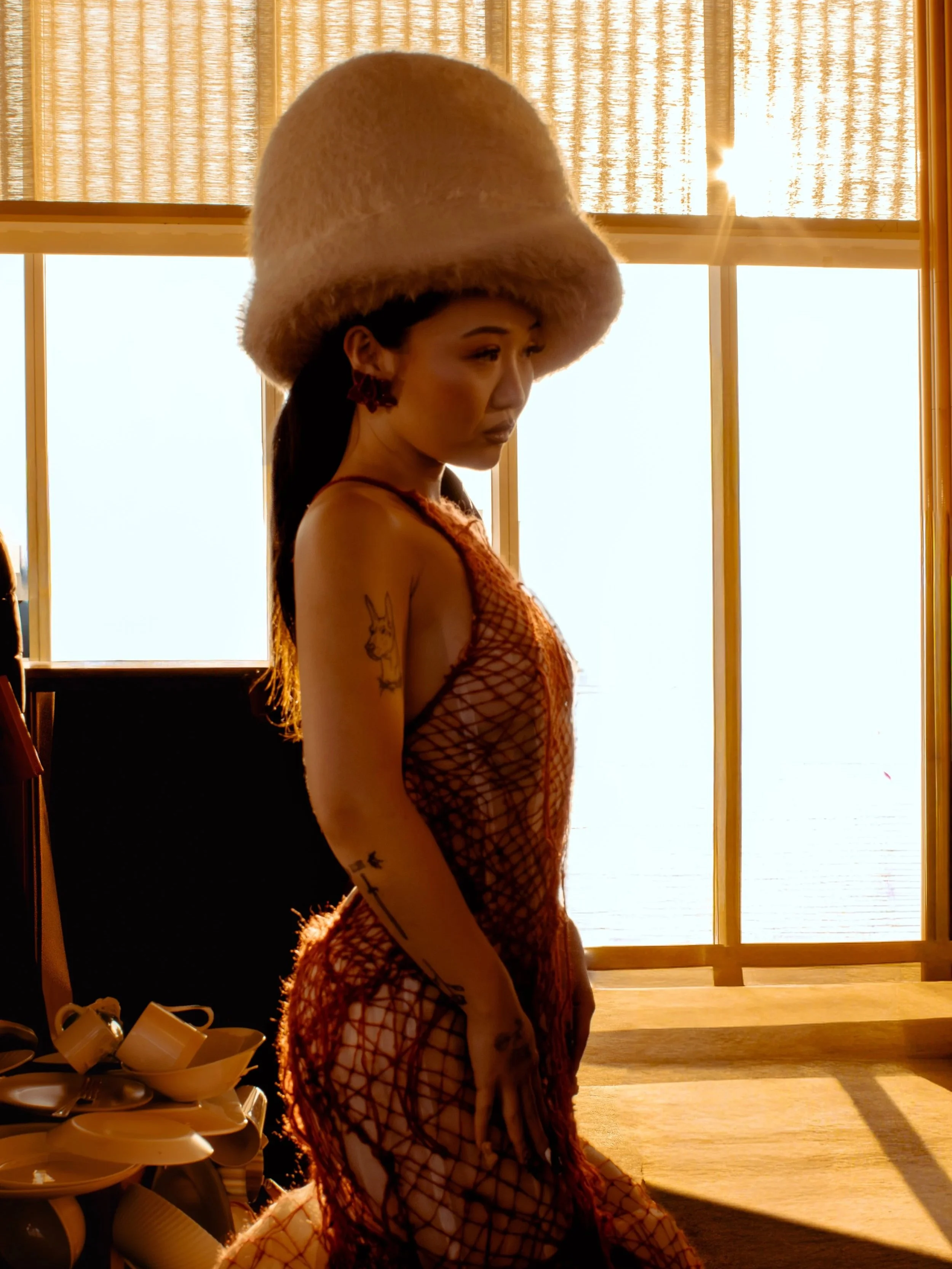 Woman wearing a large beige fuzzy hat and a fishnet dress standing indoors near windows with sunlight shining through.