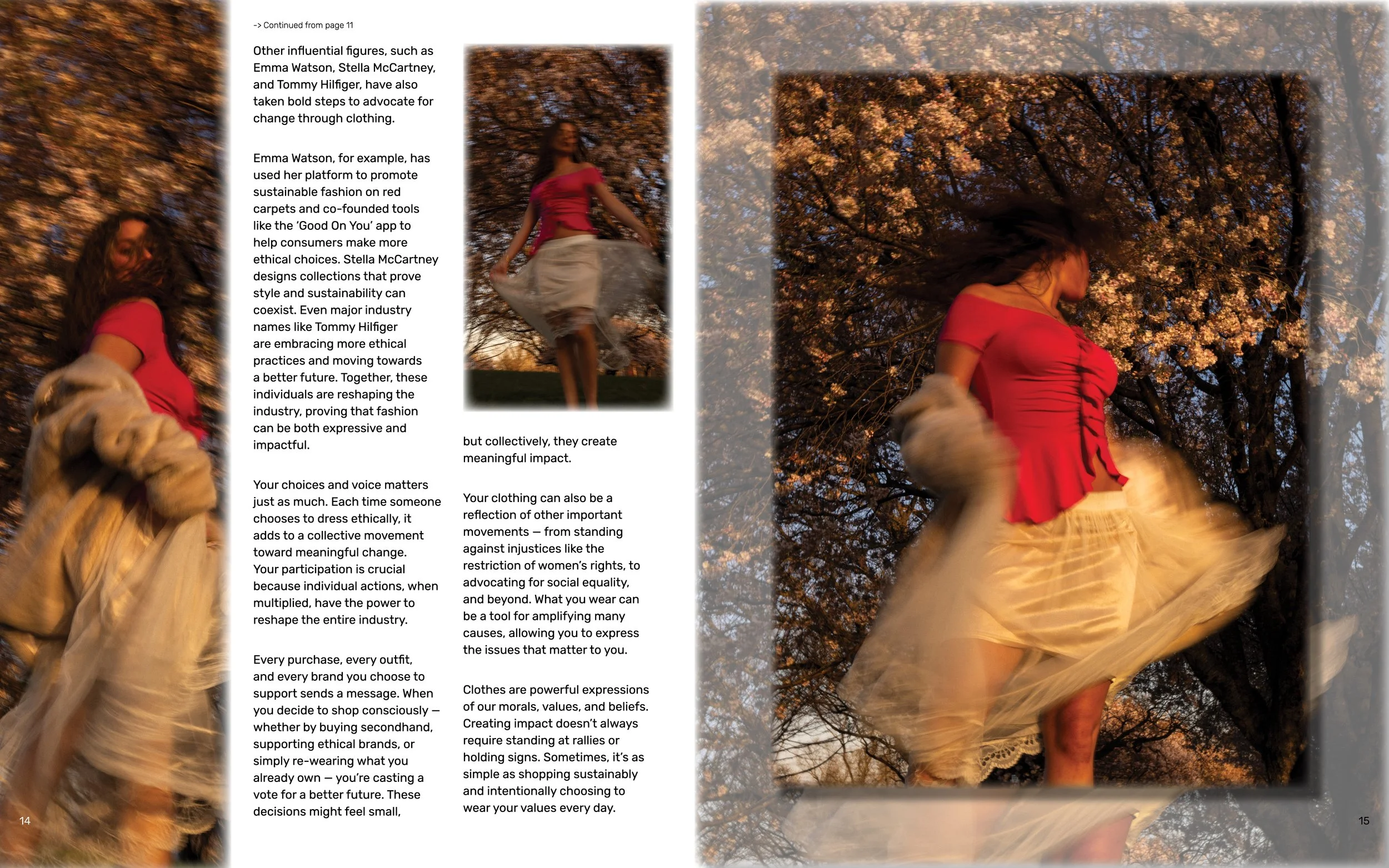 Multiple photos of a woman dancing outdoors during sunset, with trees in the background. She is wearing a pink top and white skirt. The image is part of a magazine or brochure page with text on the left side.