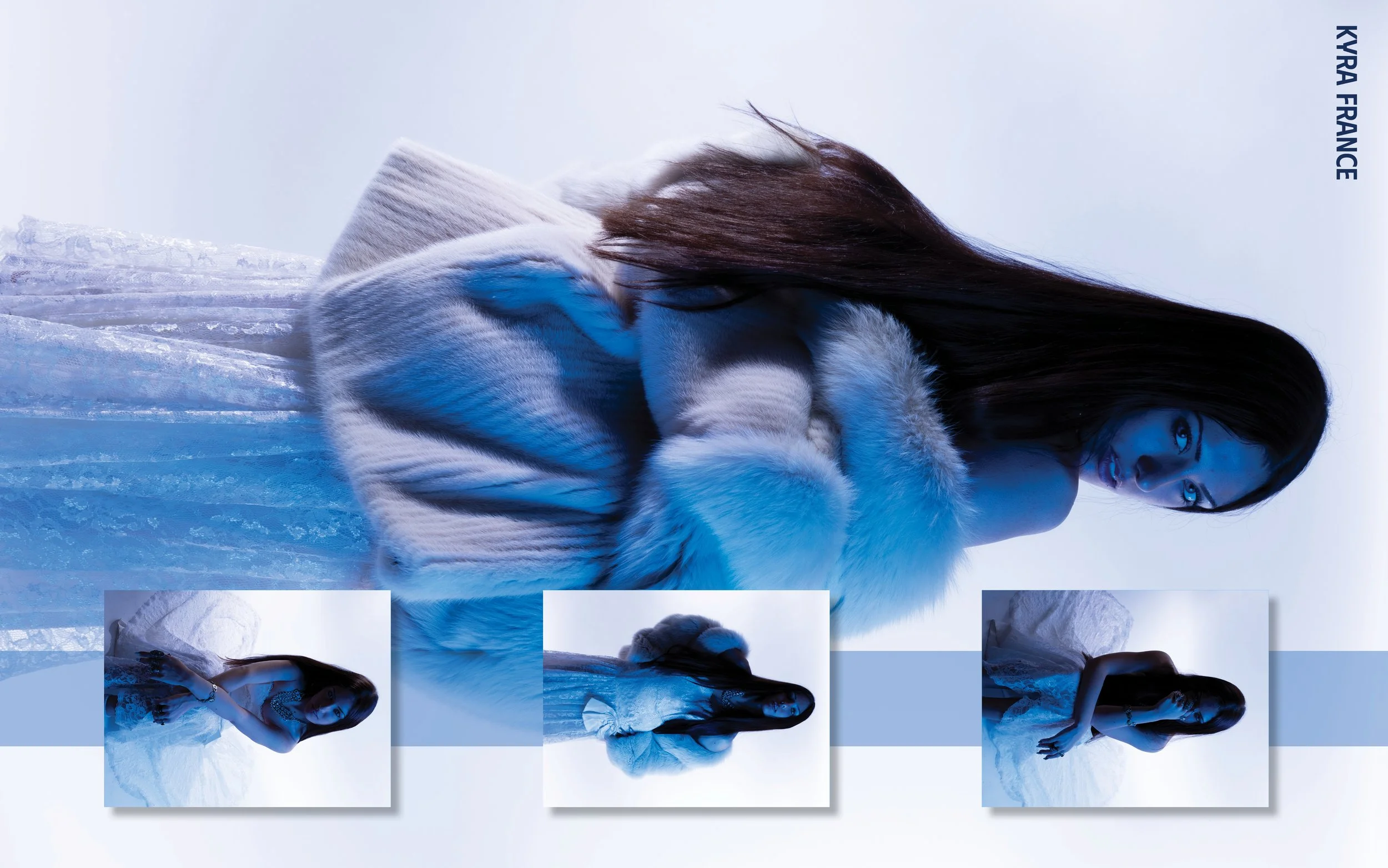 A woman with long dark hair, dressed in a white fur coat, with three smaller images below showing her in different poses in similar settings.