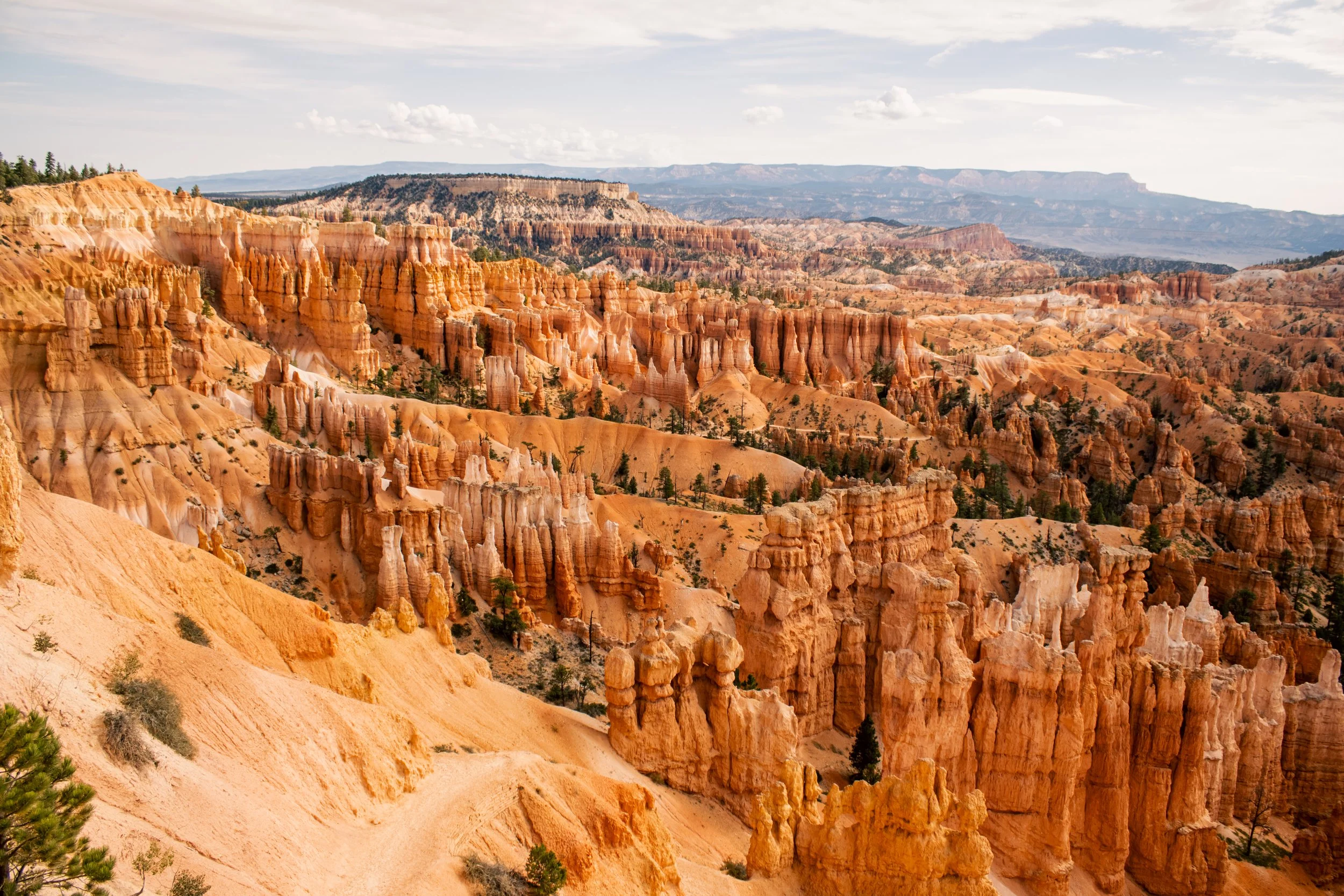 A panoramic view of Bryce Canyon with orange and pink hoodoos, pine trees, and distant mesas under a partly cloudy sky.