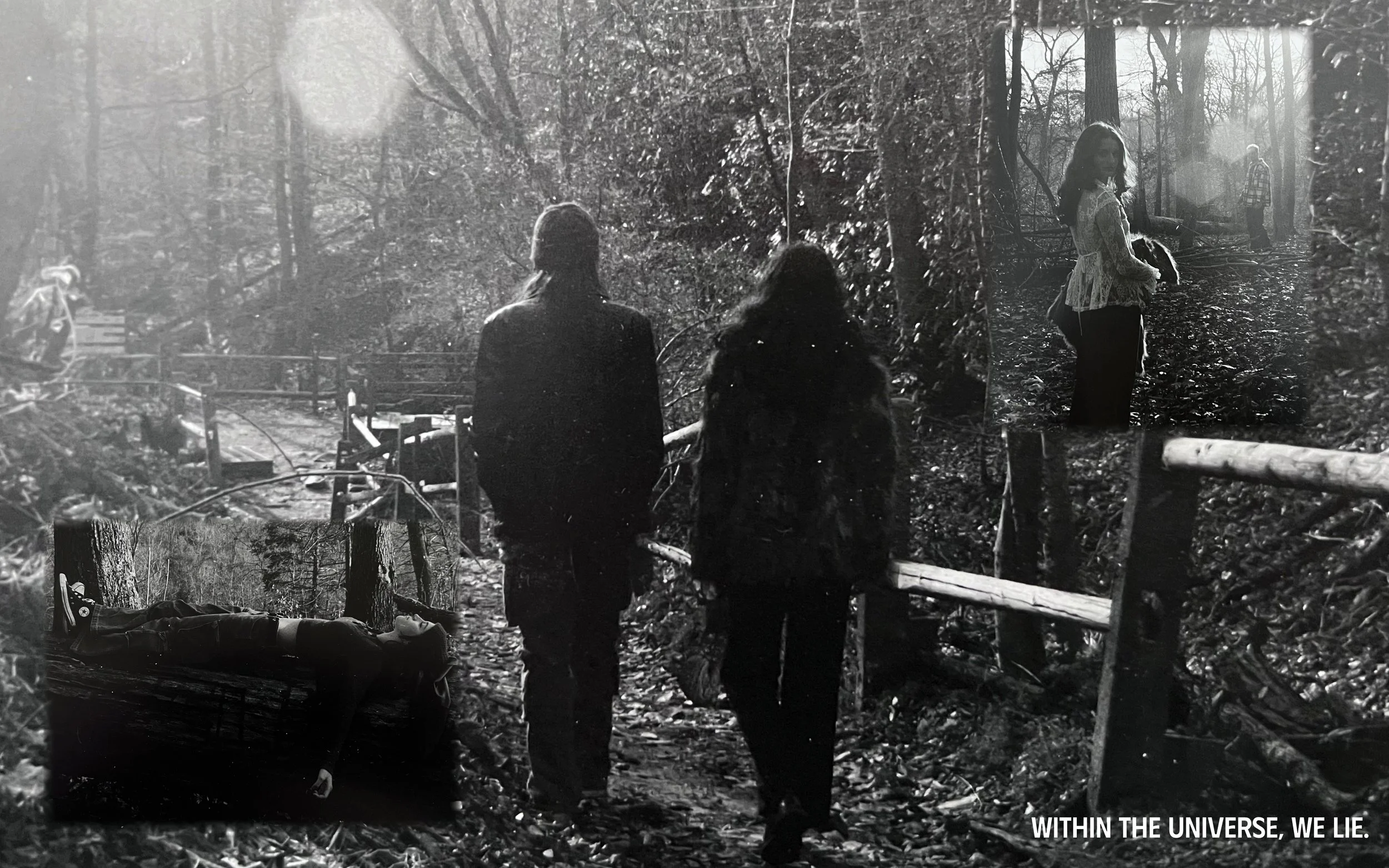 Black and white photo of people walking on a wooded trail, with a person lying on a bench in the lower left corner, and two women, one looking back and the other glancing sideways, with another person standing in the distance among trees. Text in the