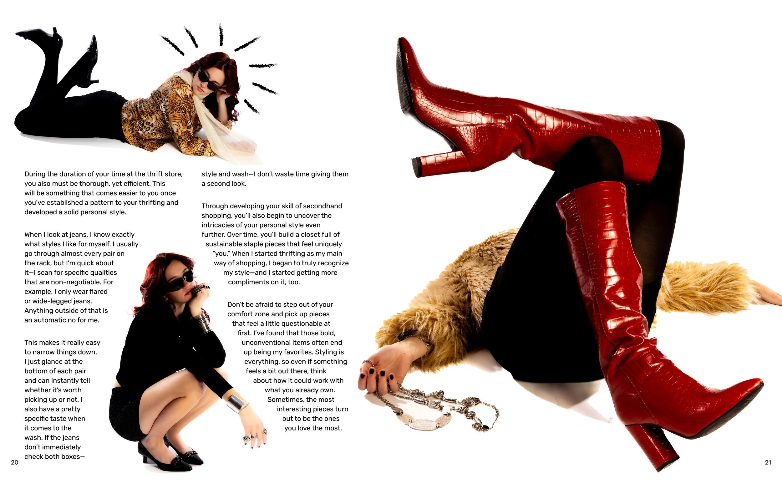 Fashion magazine spread featuring a woman in leopard print top and sunglasses lying on her side, another woman in black squatting with sunglasses and jewelry, and a person in red crocodile-patterned high-heeled boots and black outfit holding jewelry,