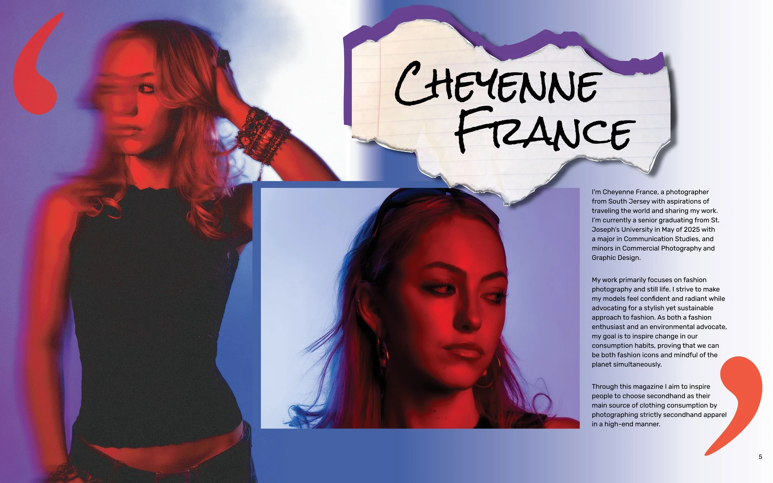 A digital collage featuring a woman with long blonde hair posing against a color-shifting background with blue, purple, and red hues. A torn piece of paper with the handwritten text 'Cheyenne France' is in the upper right corner. Below it, there is a