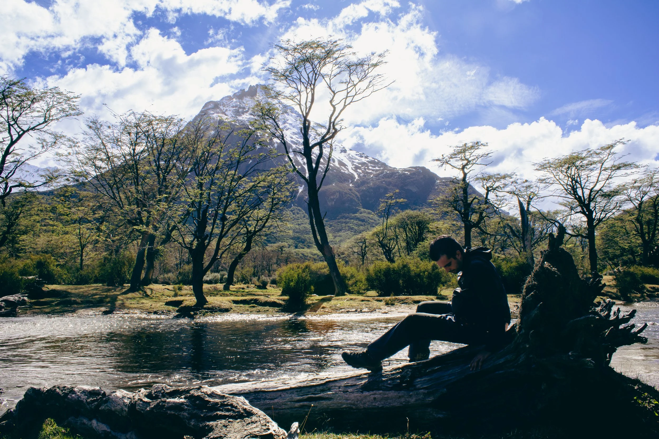 A person sitting on a fallen tree by a river with trees and a snow-capped mountain in the background under a partly cloudy sky.