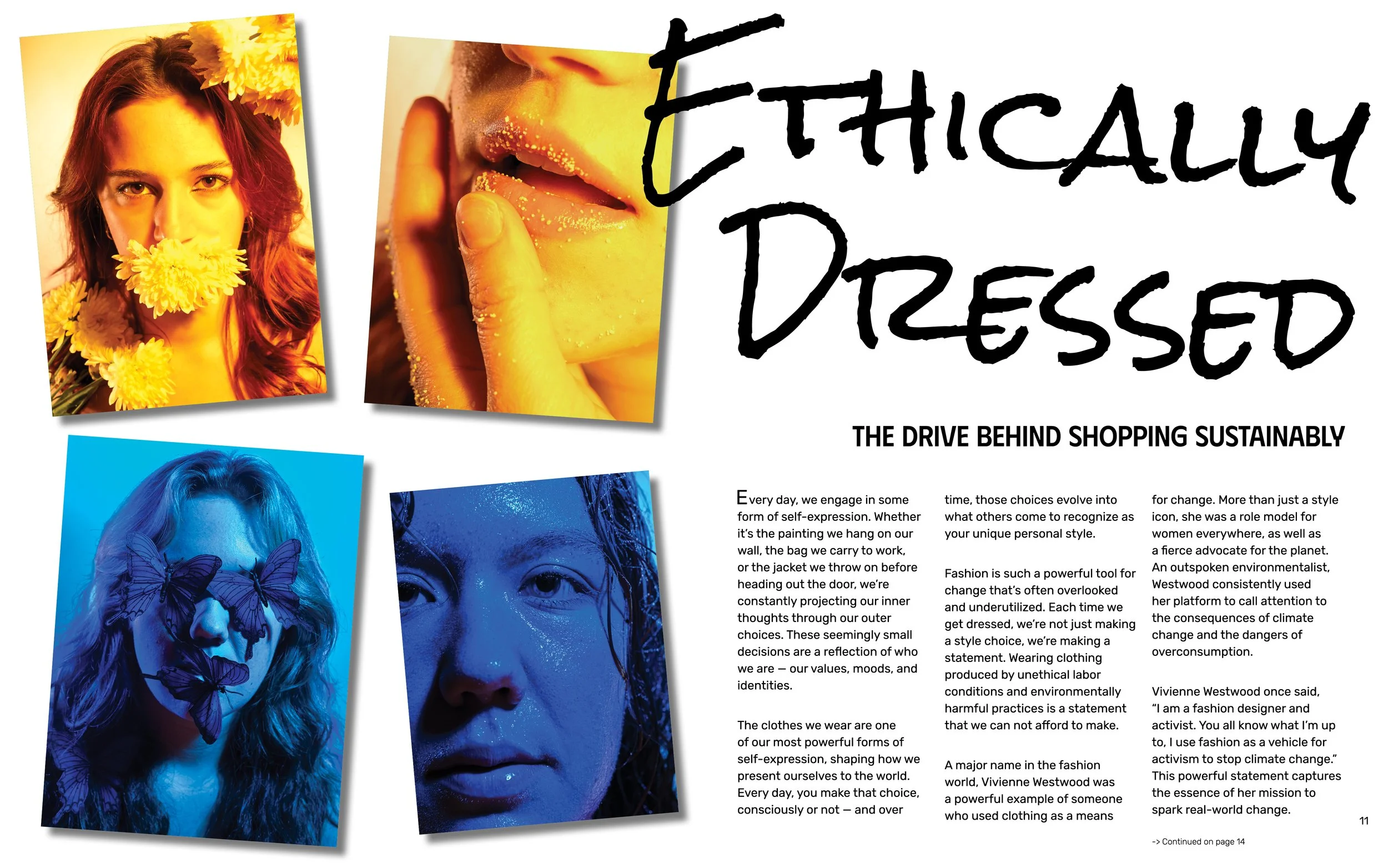 Four Polaroid-style photos: Top left shows a woman with red hair surrounded by yellow flowers, holding a yellow flower in her mouth. Top right is a close-up of lips with finger on them. Bottom left features a woman with butterflies on her face, lit w