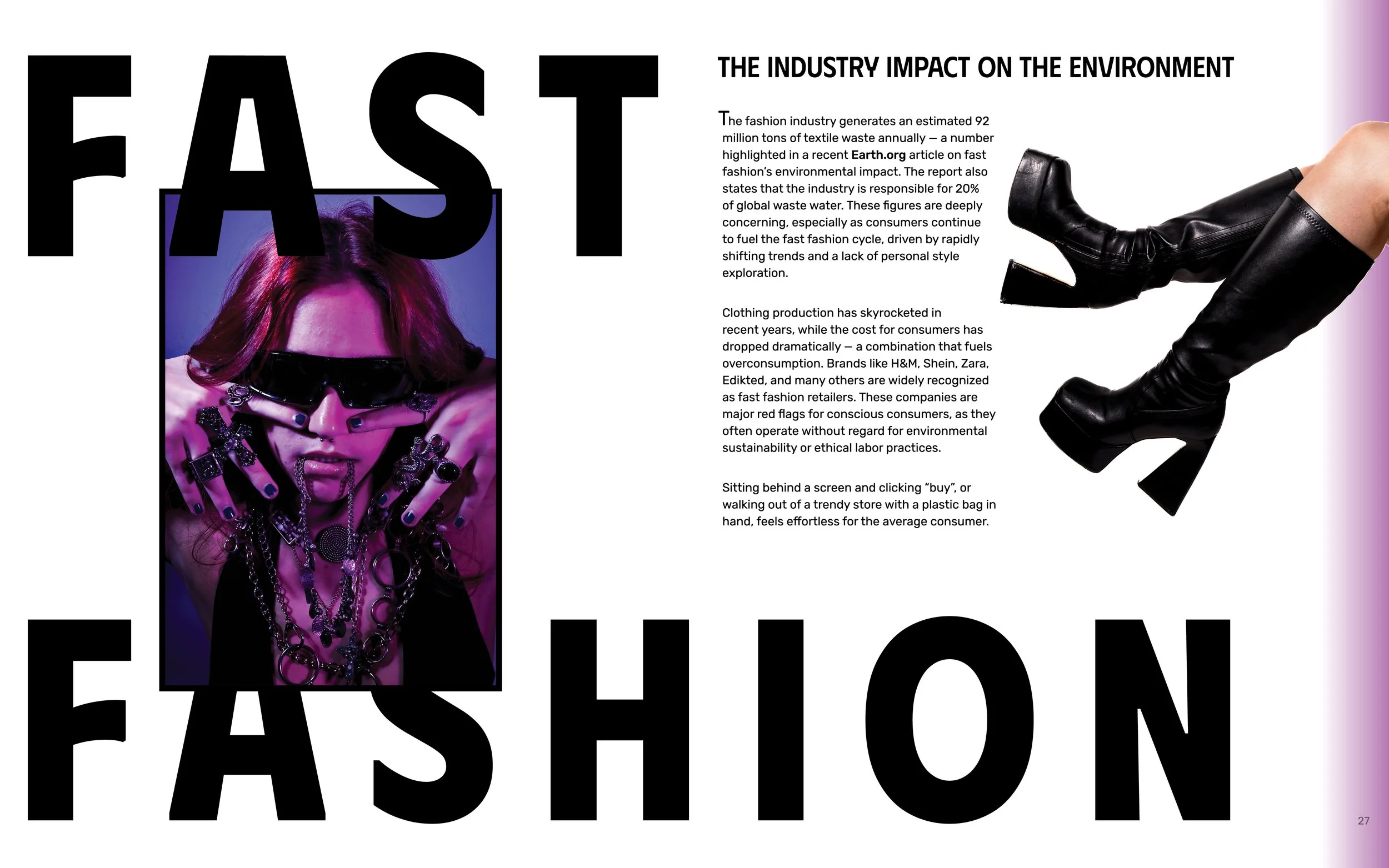 Page about fashion impact on environment and an image of a woman with purple hair and sunglasses, surrounded by layered jewelry, with a boot on the right side of the page and text discussing environmental issues related to the fashion industry.