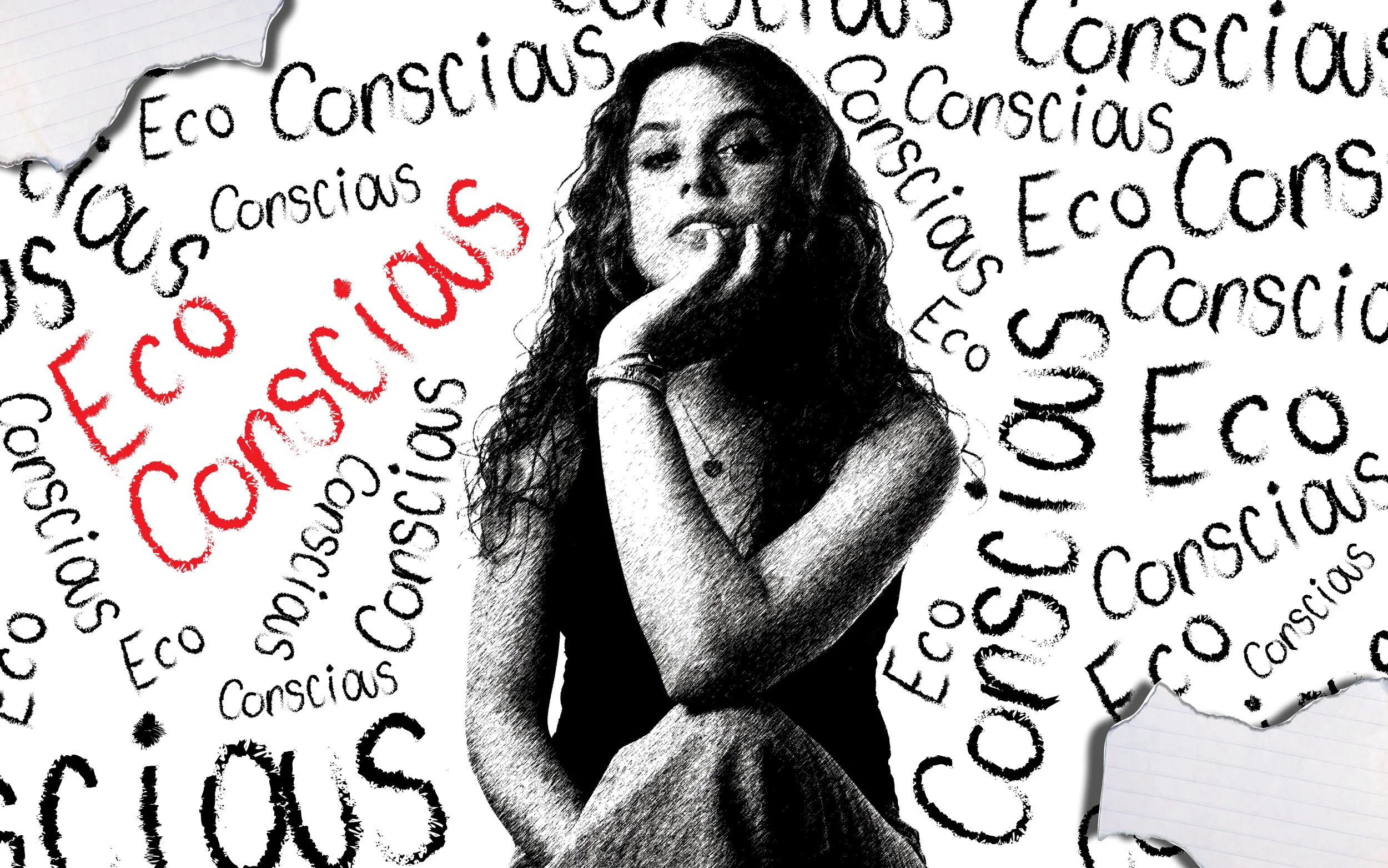 A black-and-white illustration of a woman with long, curly hair posed with her chin resting on her hand, surrounded by the words "Eco Concious" and "Concious" in black and red text, with torn paper effect in the top left and bottom right corners.