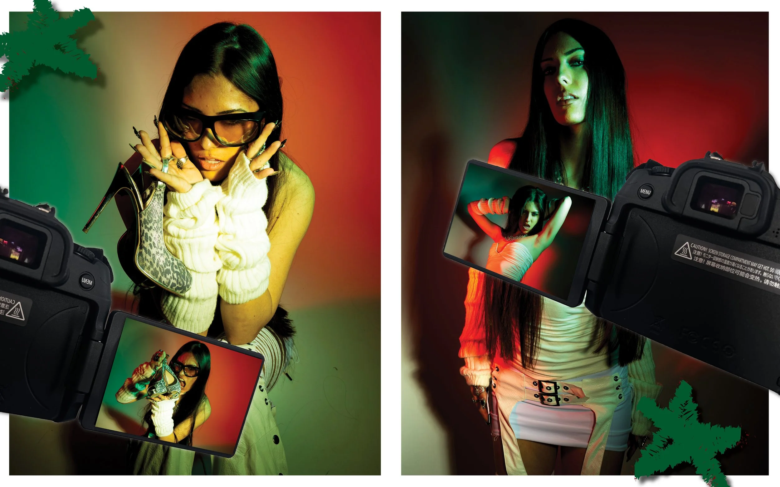 A woman with long dark hair and glasses posing with a fashion-forward outfit, holding a high heel shoe, with colorful lighting.