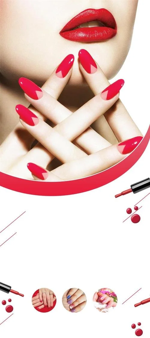 Close-up of a woman with red lipstick and long red nail polish, touching her lips with fingers, with beauty products and makeup swatches at the bottom.