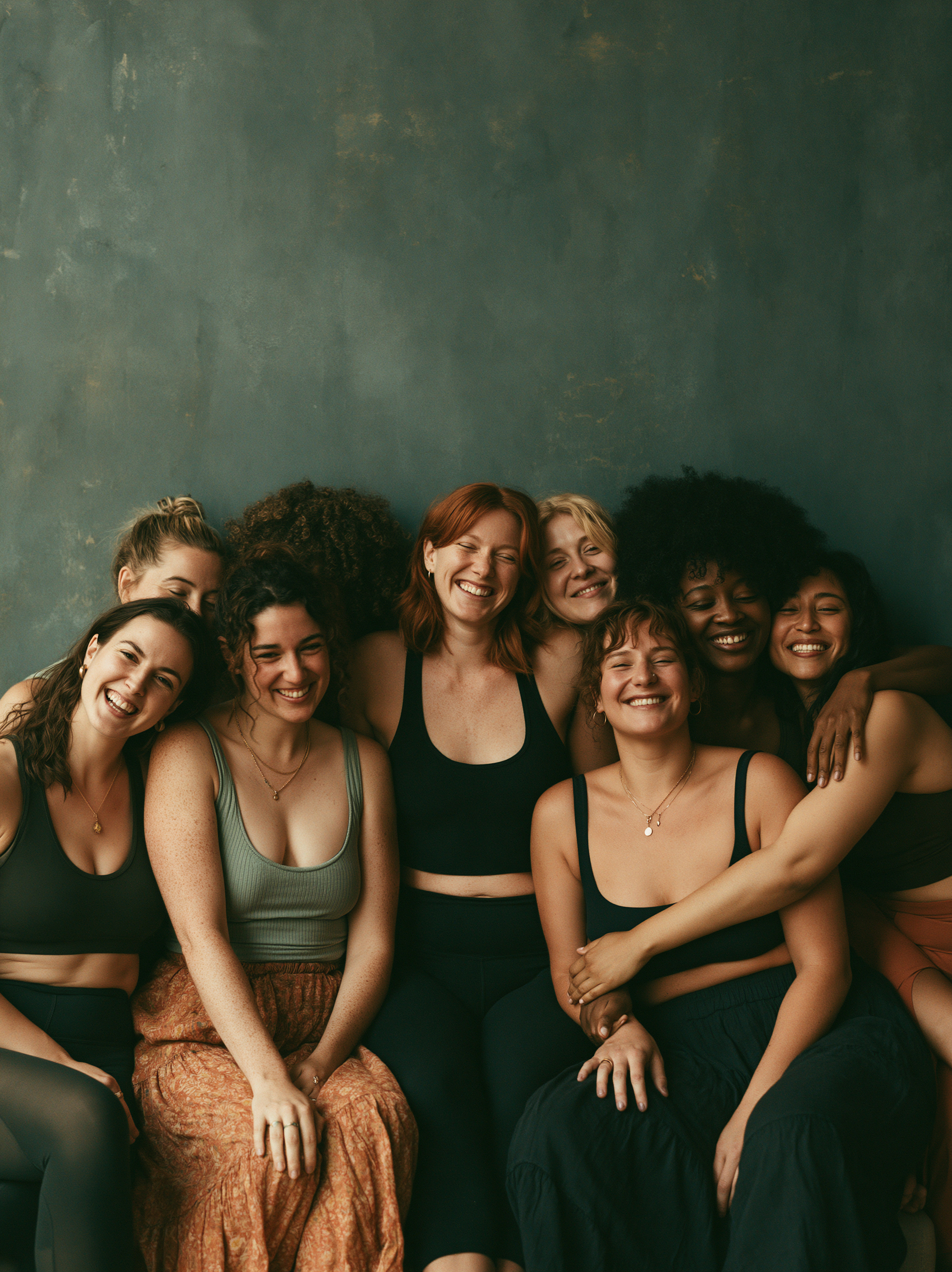 A group of happy yoga students in a  group experiencing yoga studio community.