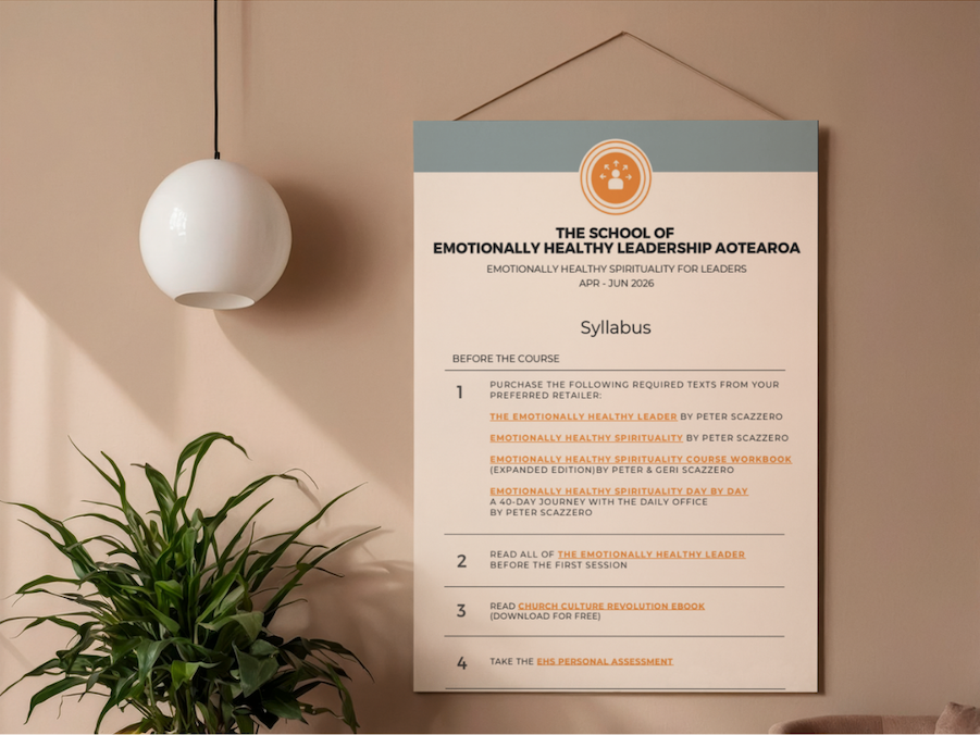 Wall-mounted poster for The School of Emotionally Healthy Leadership Aotearoa, featuring syllabus steps for a course, a potted plant, and a white hanging lamp.