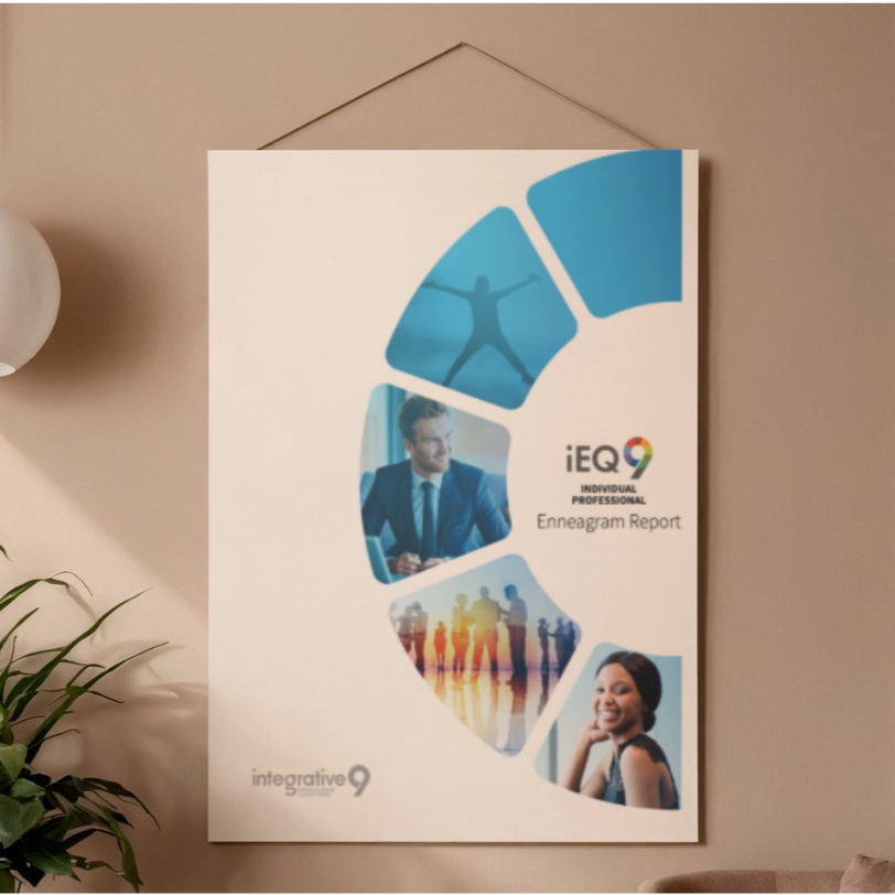 Poster titled 'iEQ9 Individual Professional Enneagram Report' with a collage of images including a person in a suit, people walking on a street at sunset, and a smiling woman, set against a plain beige wall with a potted plant nearby.