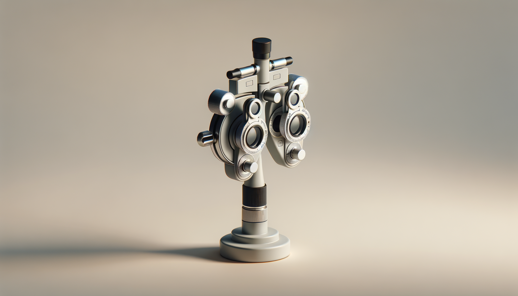 A vintage ophthalmic phoropter with multiple lenses and adjustment dials, standing on a circular base against a plain background.