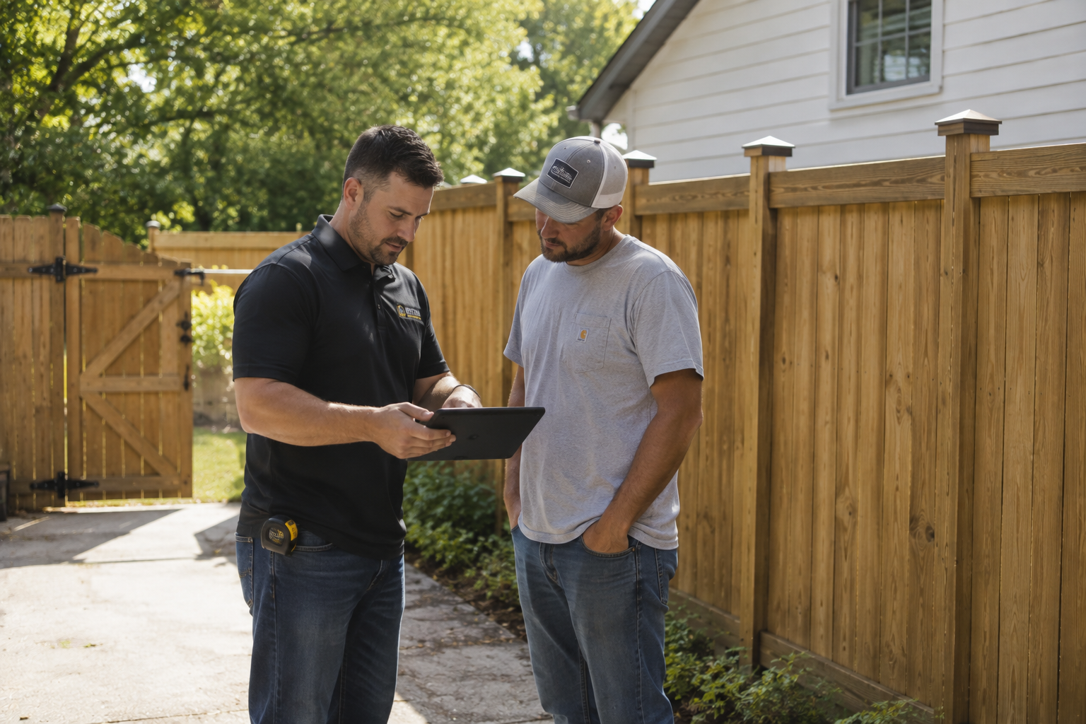 Two men looking at a tablet outdoors near a wooden fence with greenery and a house in the background.