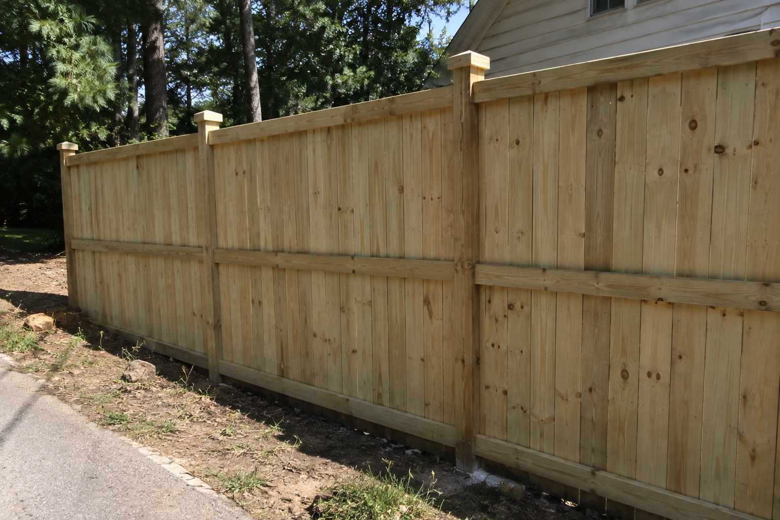 Wooden privacy fence along a sidewalk with trees in the background.