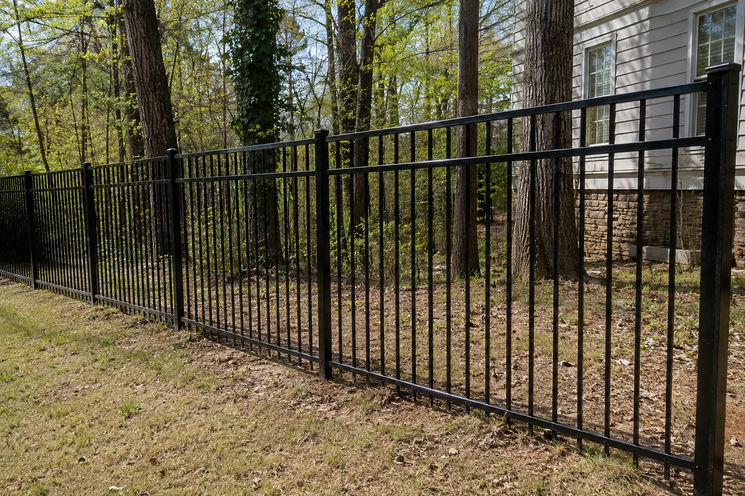 Black metal fence along a grassy and bare soil yard, with trees and a house with white siding and stone foundation in the background.