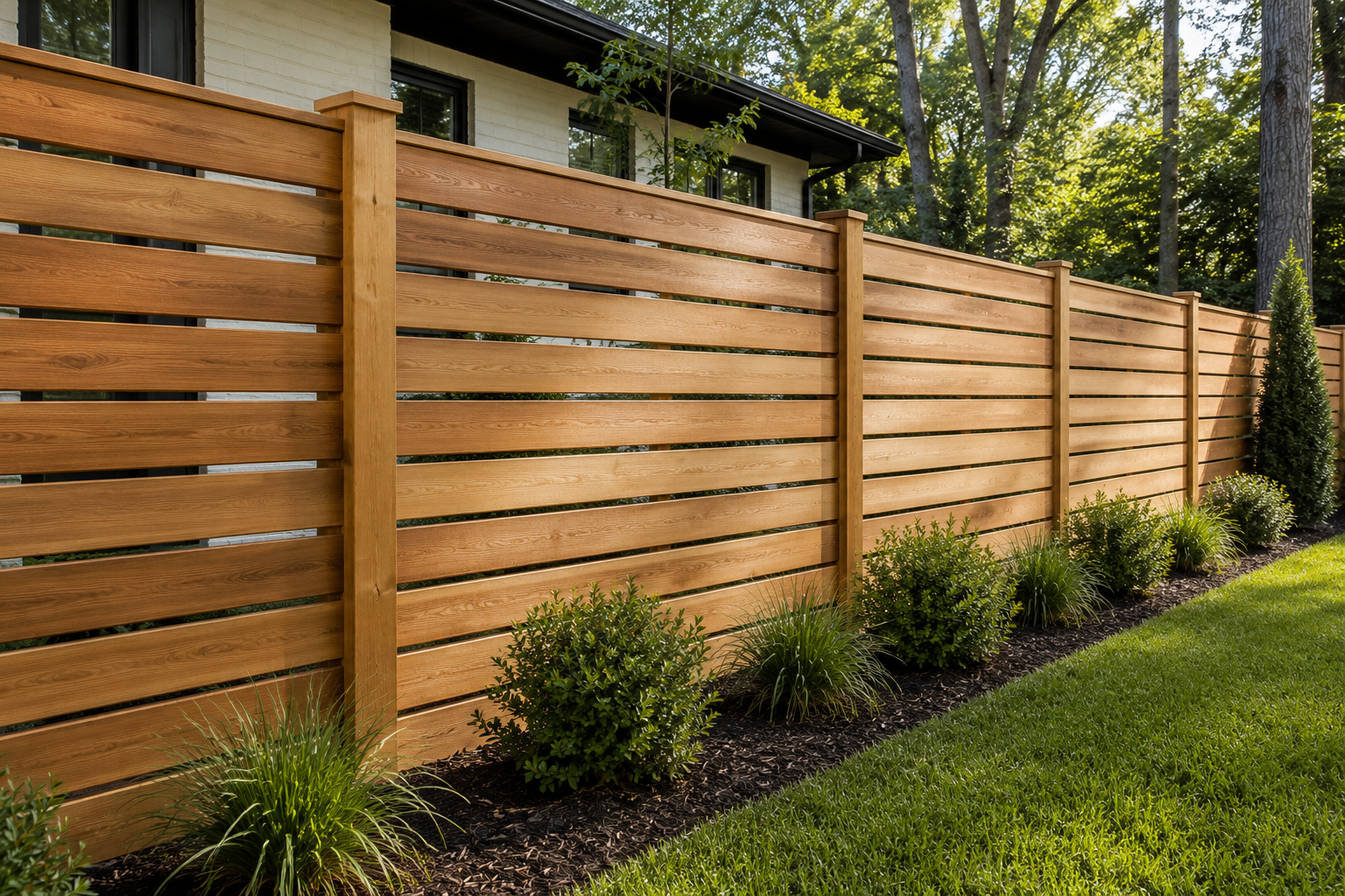 A wooden privacy fence with horizontal slats, bordered by green bushes and plants, in front of a house with large windows, surrounded by trees and a well-maintained lawn.