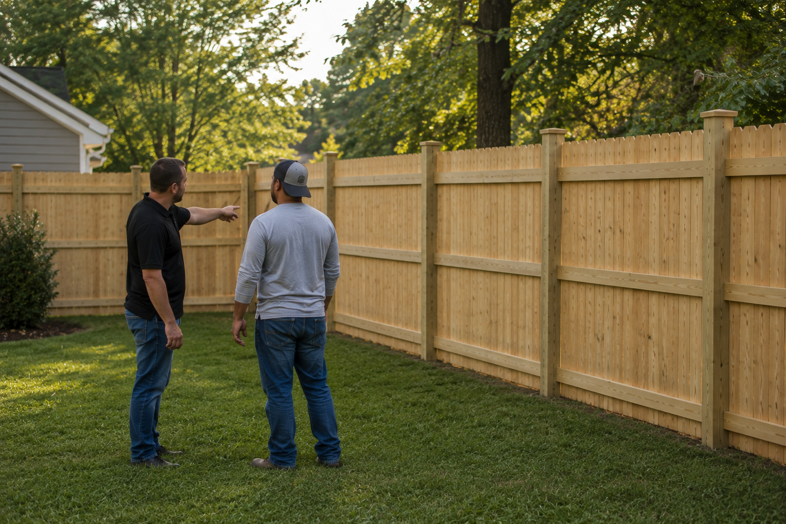 Two men talking next to a wooden privacy fence in a backyard with green grass and trees.