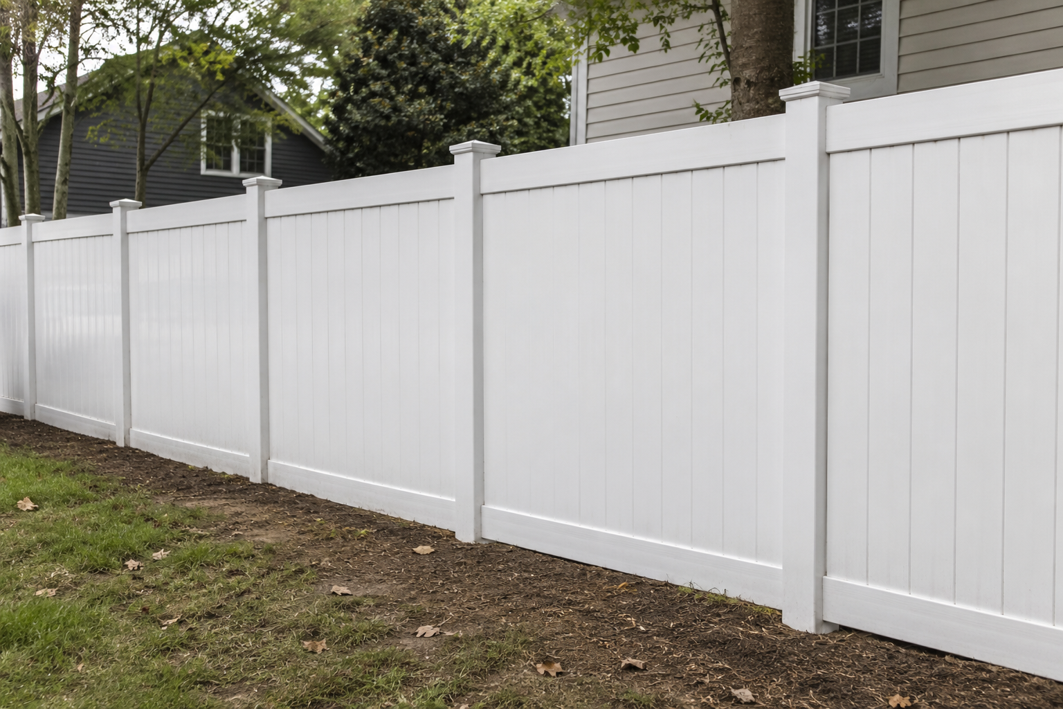 A white vinyl privacy fence with vertical panels and posts, in front of a house and trees.