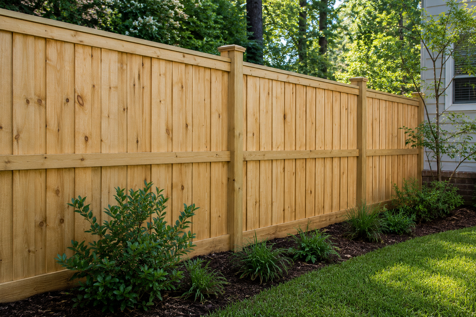 A wooden privacy fence in a backyard, with green shrubs and plants along the base, and trees and house siding visible in the background.