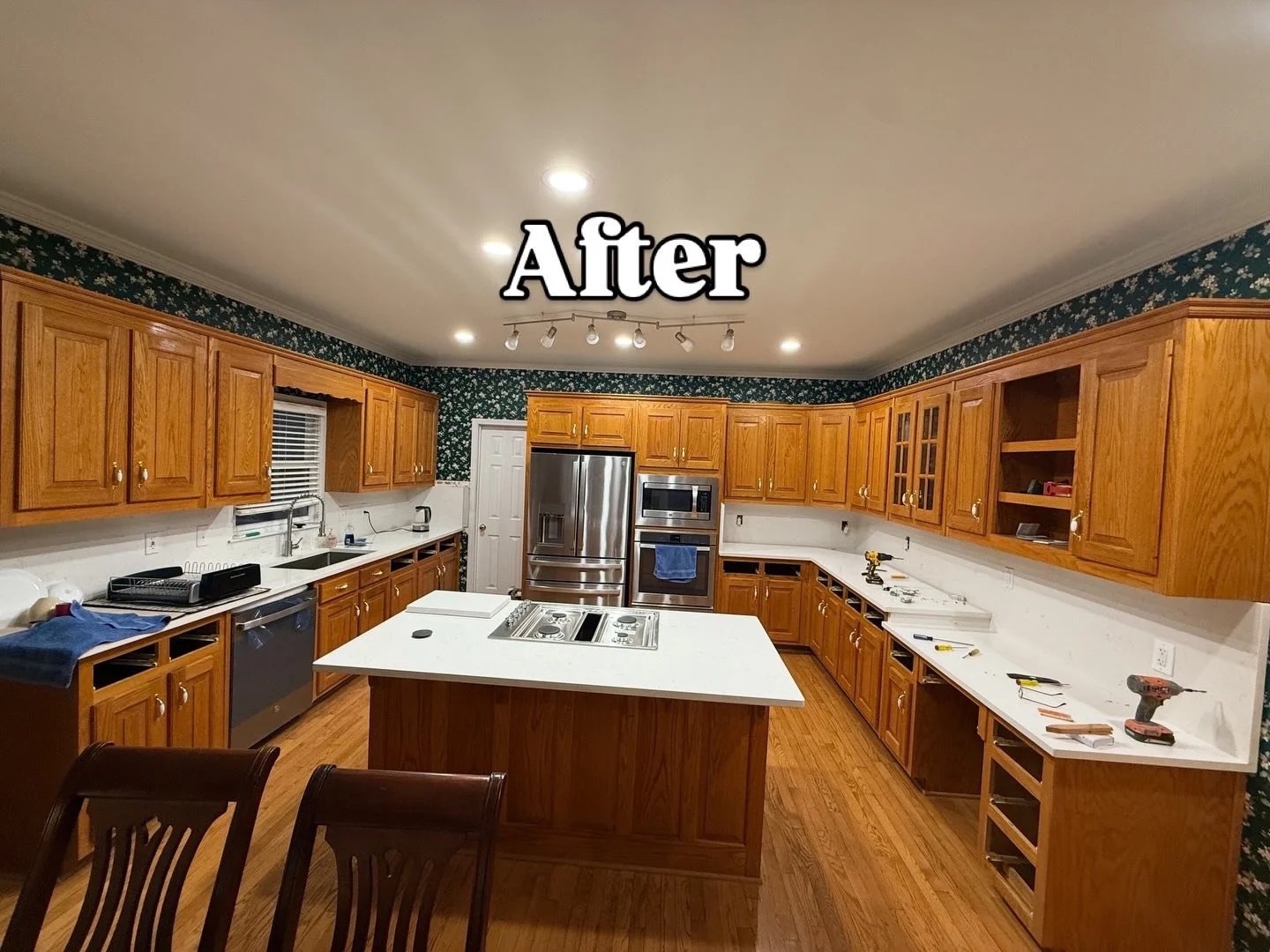 Remodeled kitchen with new cabinetry, countertops, and flooring, labeled 'After'.