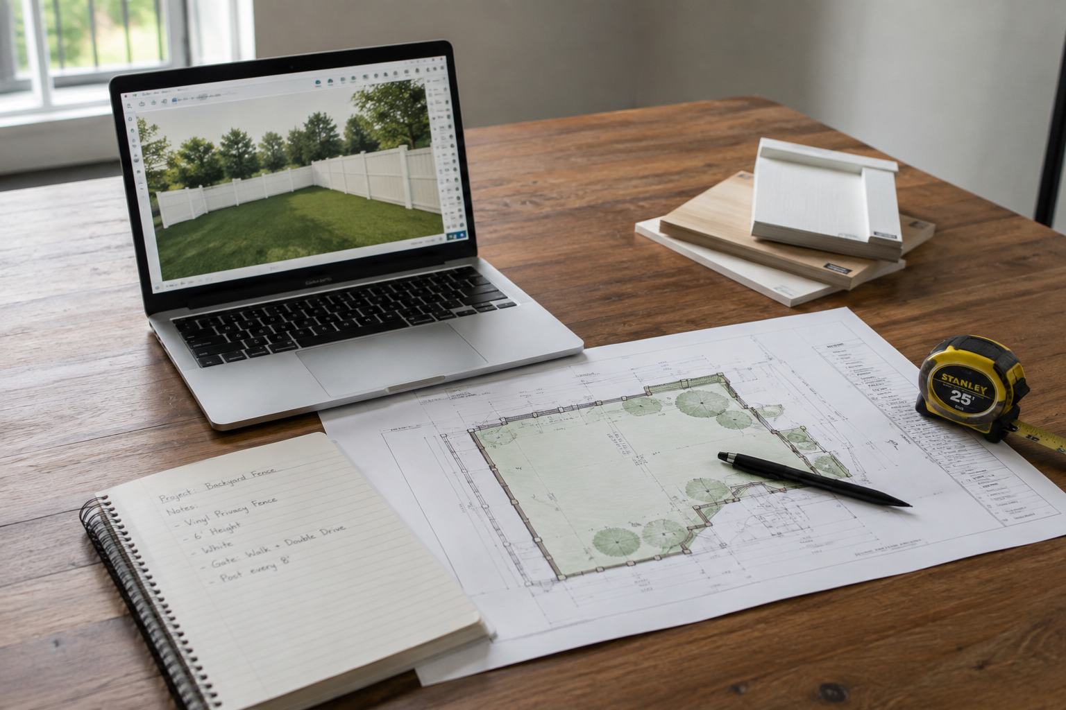 Three people collaborating over architectural blueprints on a marble table.