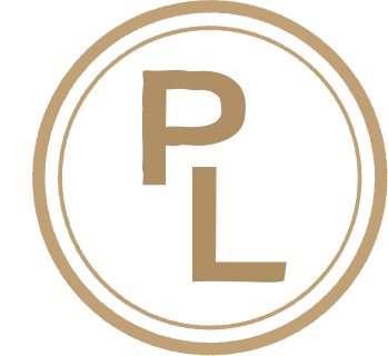 A logo with a black background and gold circular border, featuring the letters 'P' and 'L' in gold.