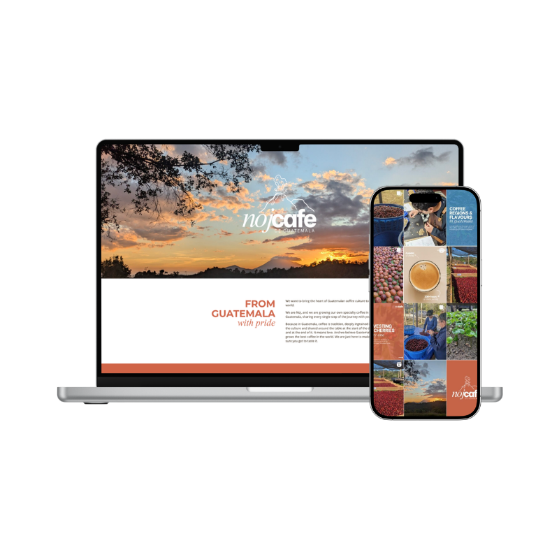 A laptop and smartphone displaying a website and gallery related to Guatemalan coffee, featuring images of coffee cherries, a barista, and a sunrise over coffee plantations.