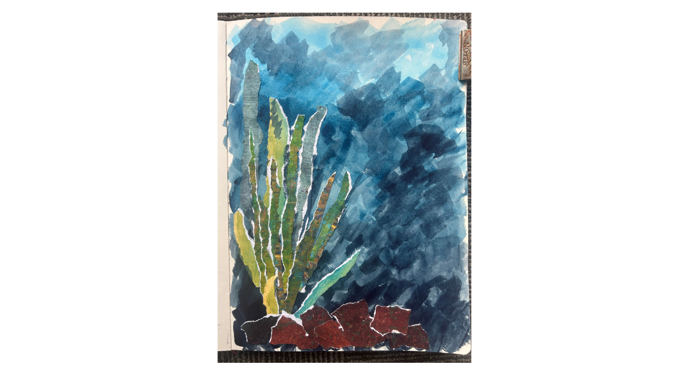 Dark blue water color background with torn paper collage of a green, blue and yellow plant in a rust colored river rock bed. © Kathy Kimbrough 2025. All Rights Reserved