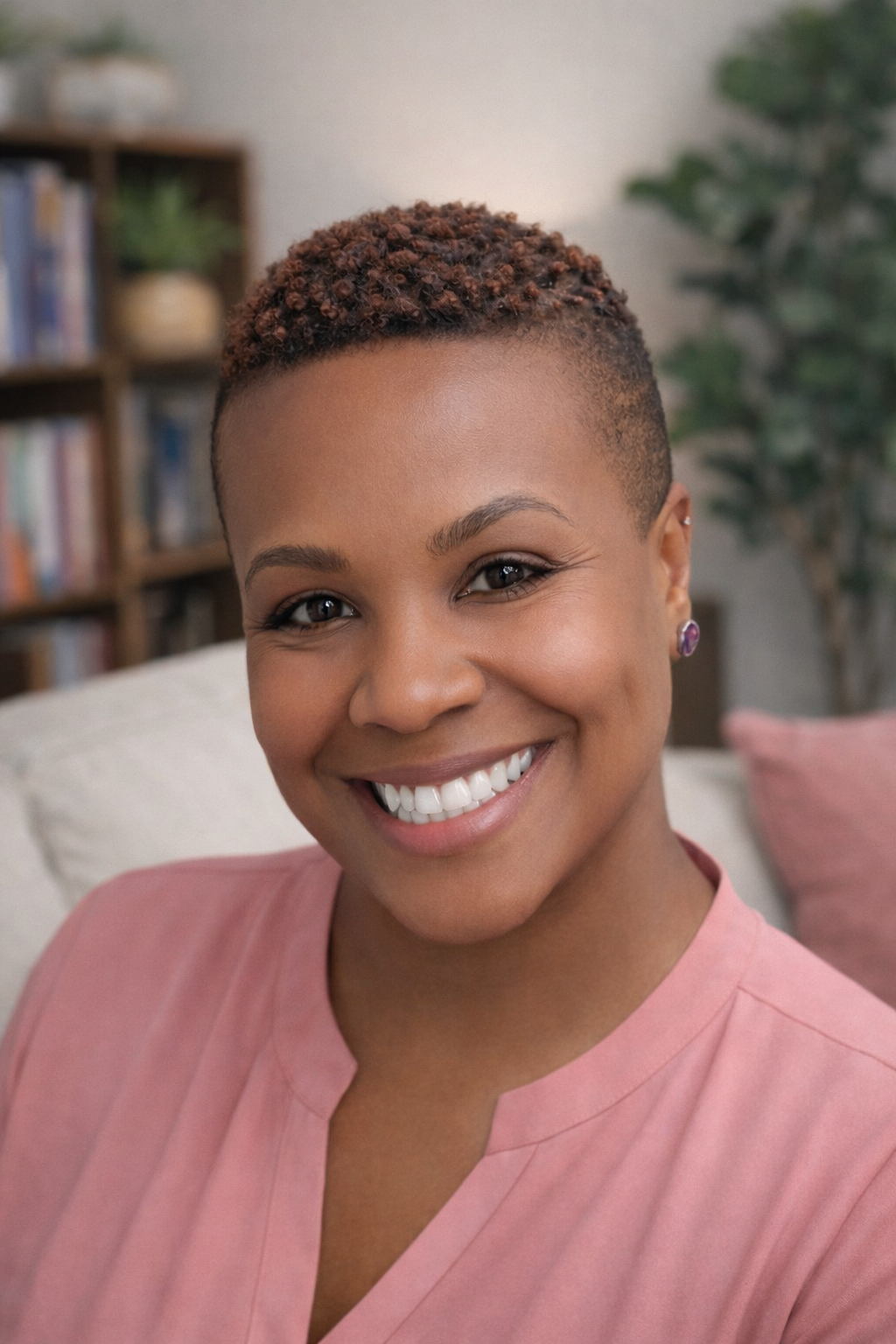 A woman with short, curly hair smiling while sitting in a cozy room with a bookshelf and a plant in the background.