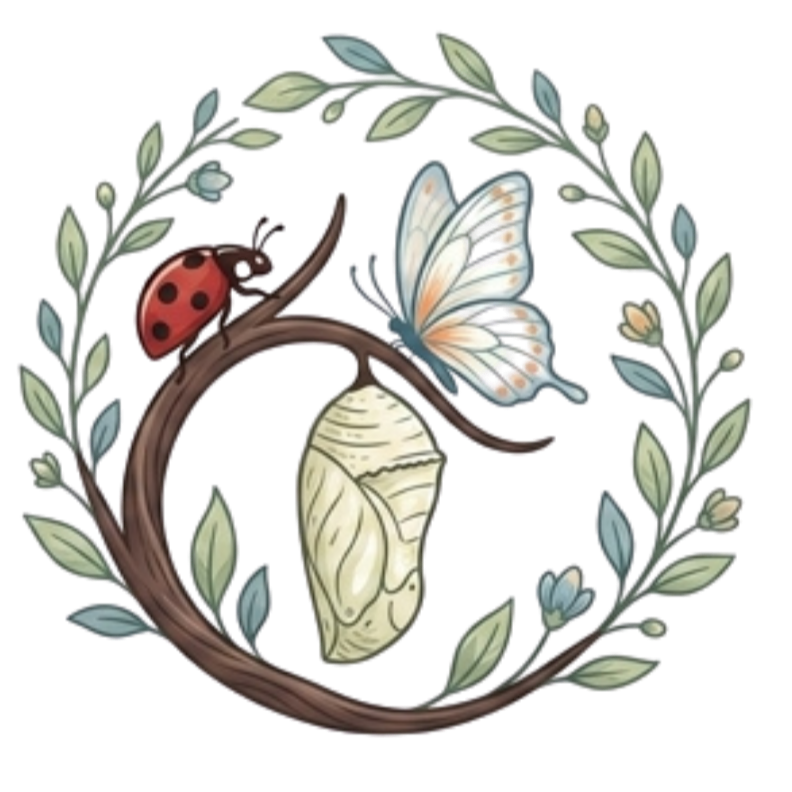 Illustration of a butterfly, ladybug, and chrysalis on a leafy branch forming a circular frame.