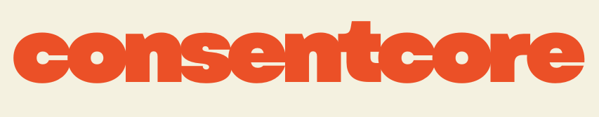Das Logo von 'Consentcore' in orangefarbenen Buchstaben auf beigem Hintergrund.