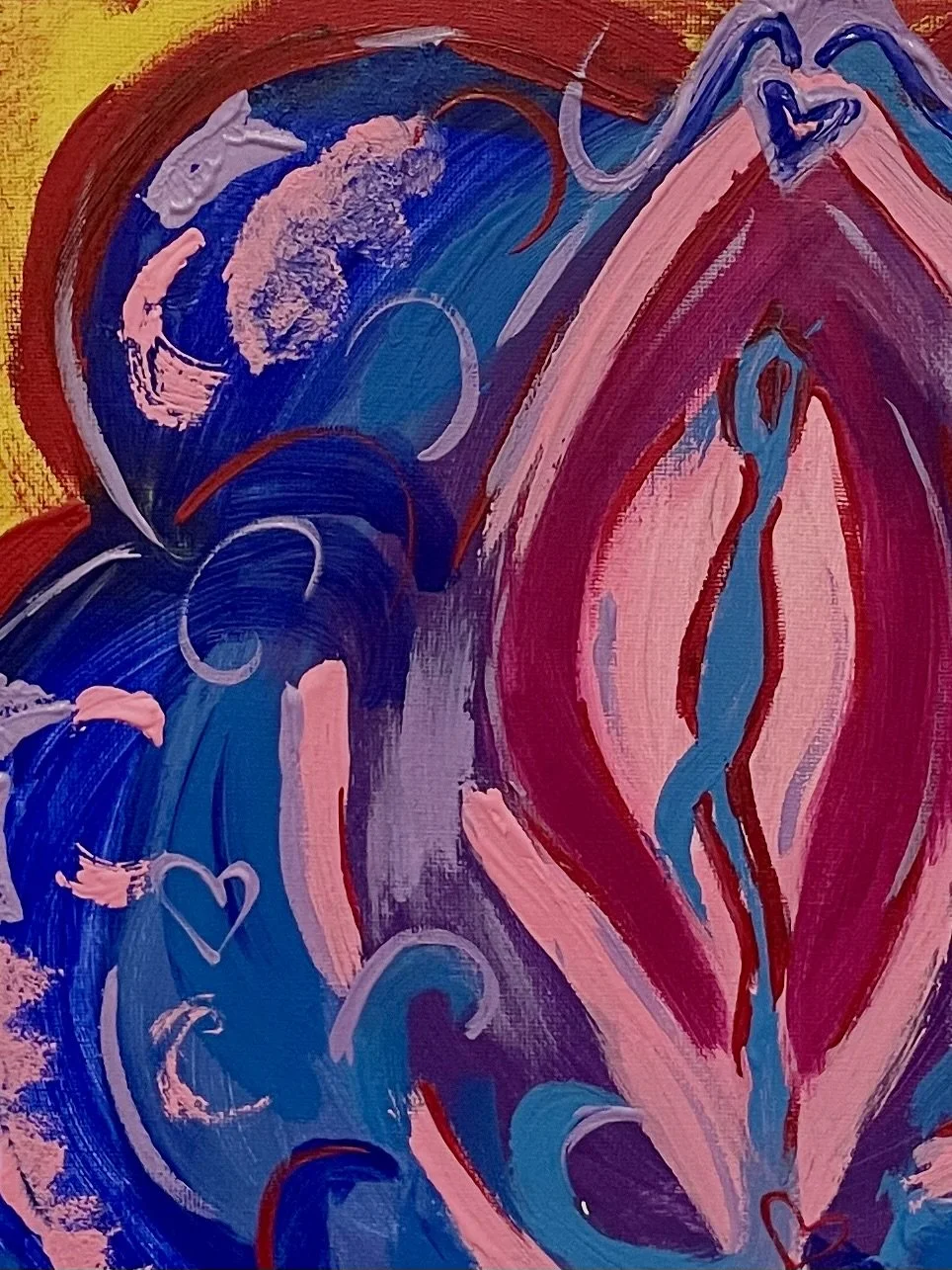 Abstrakte Kunst mit Herzmotiven, Wellenmustern und einer Vulva im Zentrum, in Rot, Blau, Pink, und Lila Tönen.