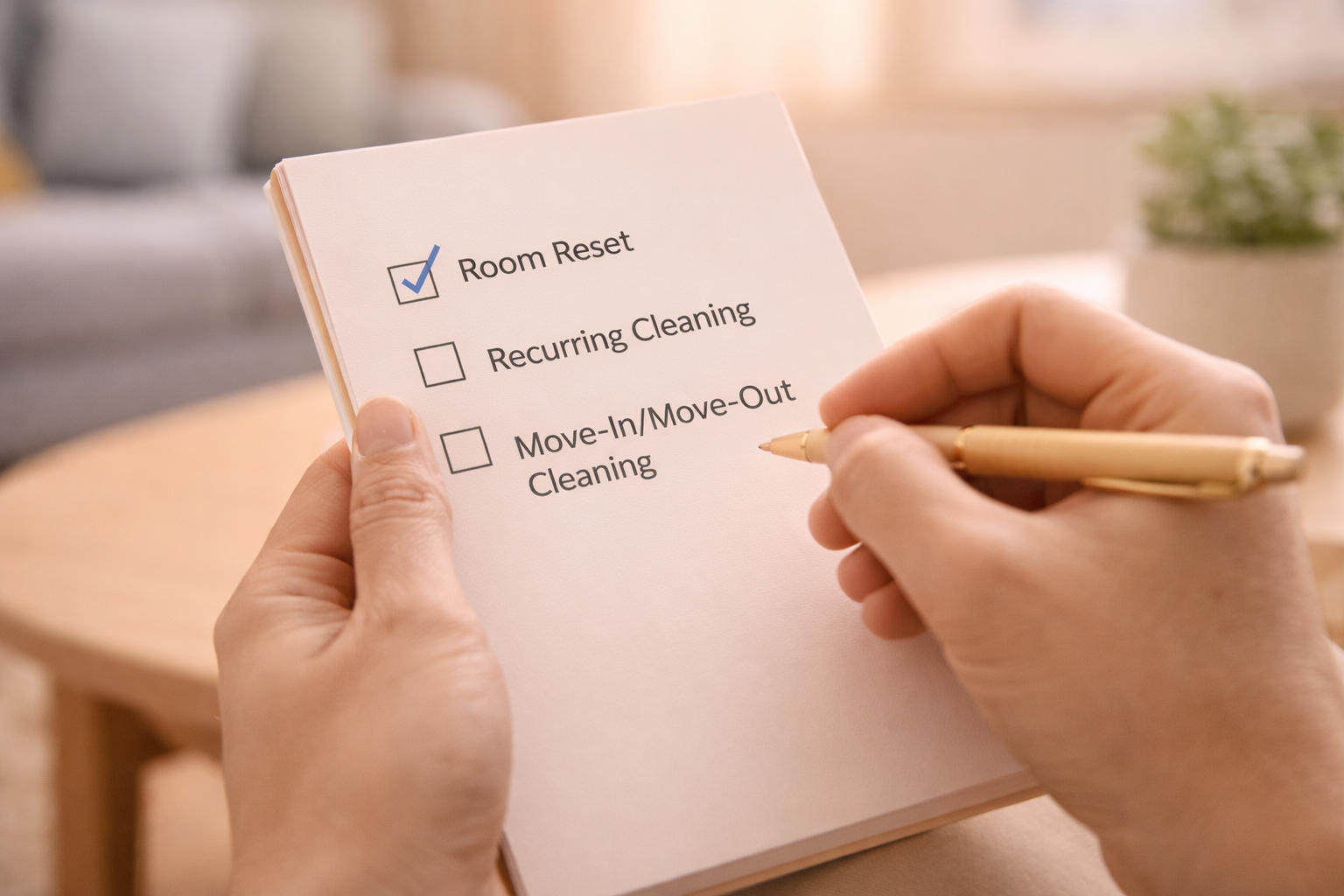 A person checks off a to-do list with three items: Room Reset, Recurring Cleaning, and Move-In/Move-Out Cleaning, with the first item checked.