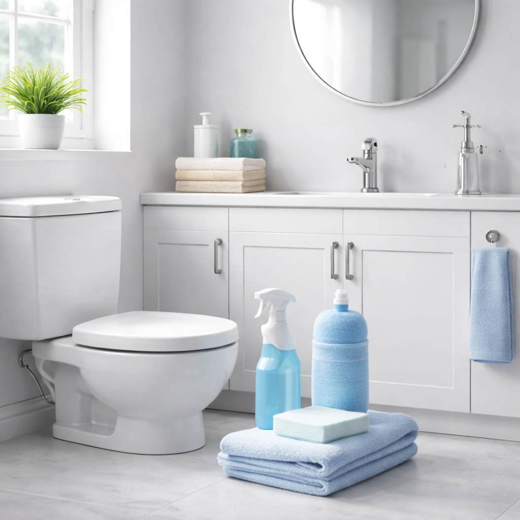Clean white bathroom with a toilet, a white vanity with three cabinets, a round mirror, and a window with a potted plant. Cleaning supplies and folded towels are on the floor and counter.