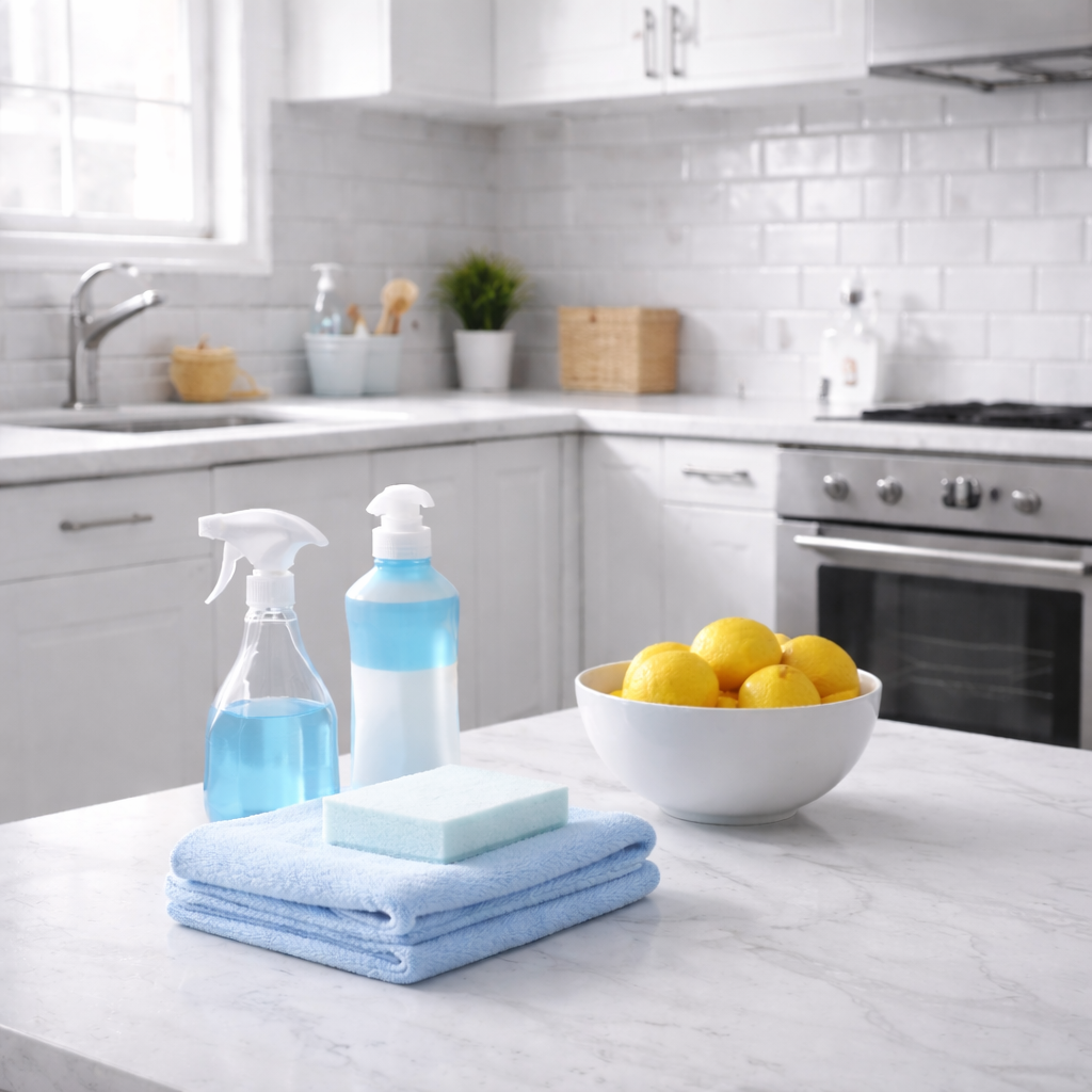 Cleaning supplies, including spray bottles with blue liquid, a sponge, and folded towels, on a white kitchen countertop with a bowl of lemons in a bright kitchen.