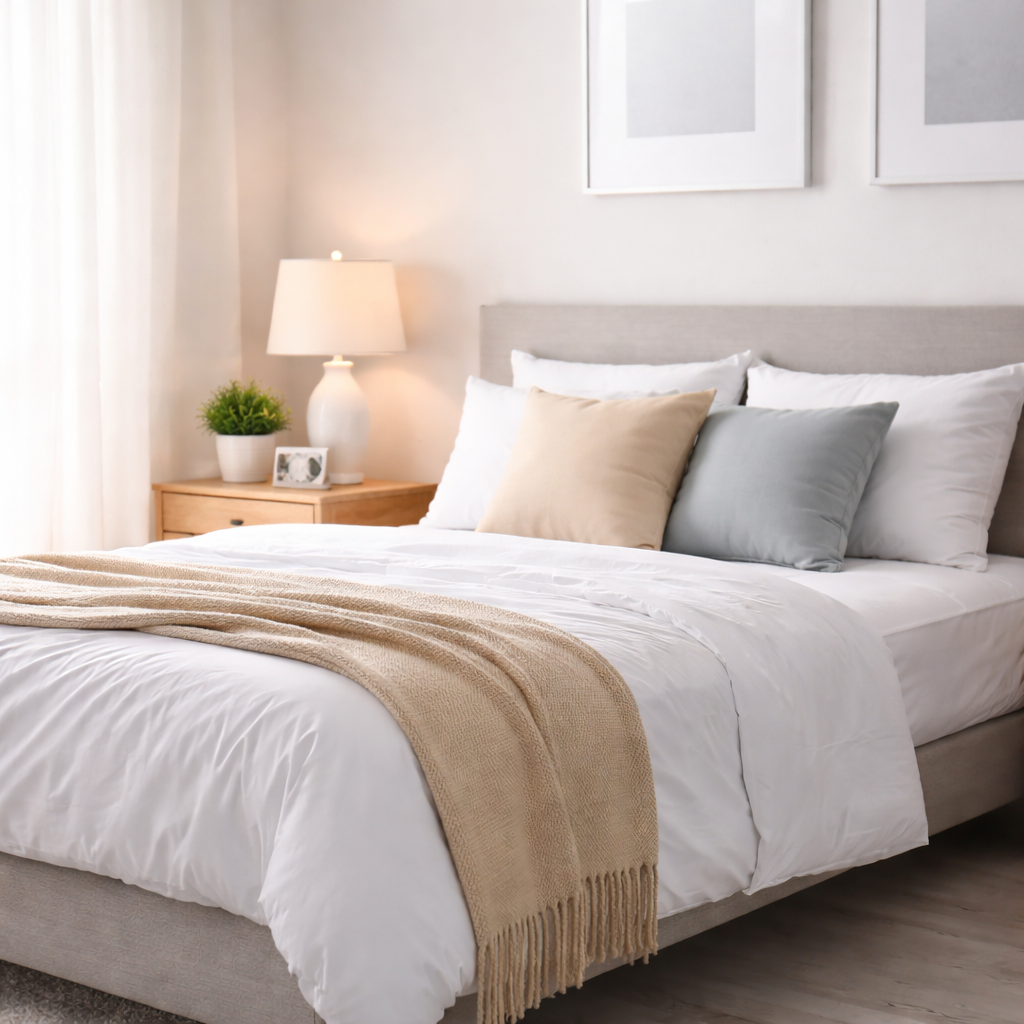 A neatly made bed in a bright bedroom with white bedding, beige and gray pillows, a beige blanket, and a wooden nightstand with a white lamp, a potted plant, and a framed photo.