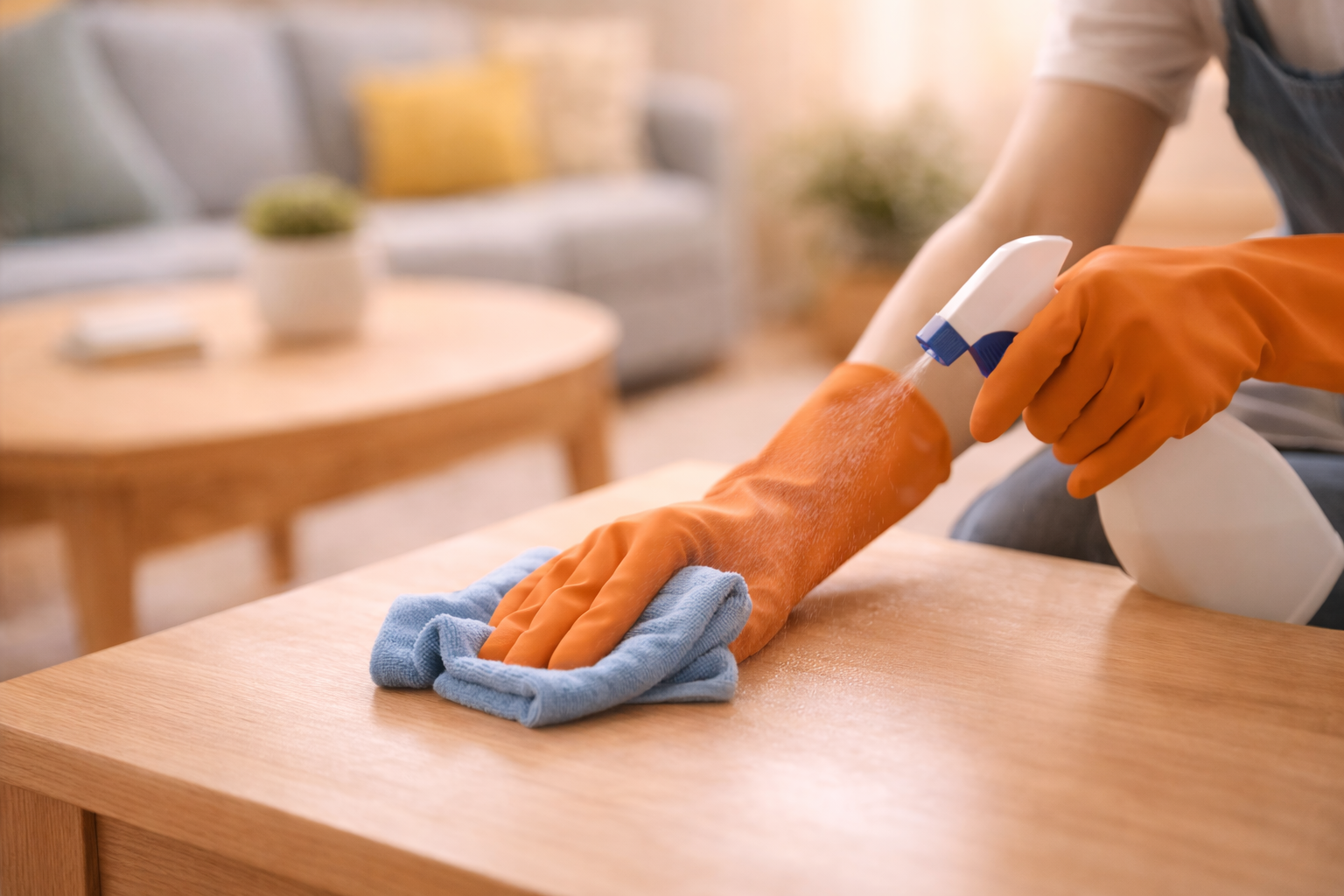 Person wearing orange gloves is cleaning a wooden table with a spray bottle and a cloth.