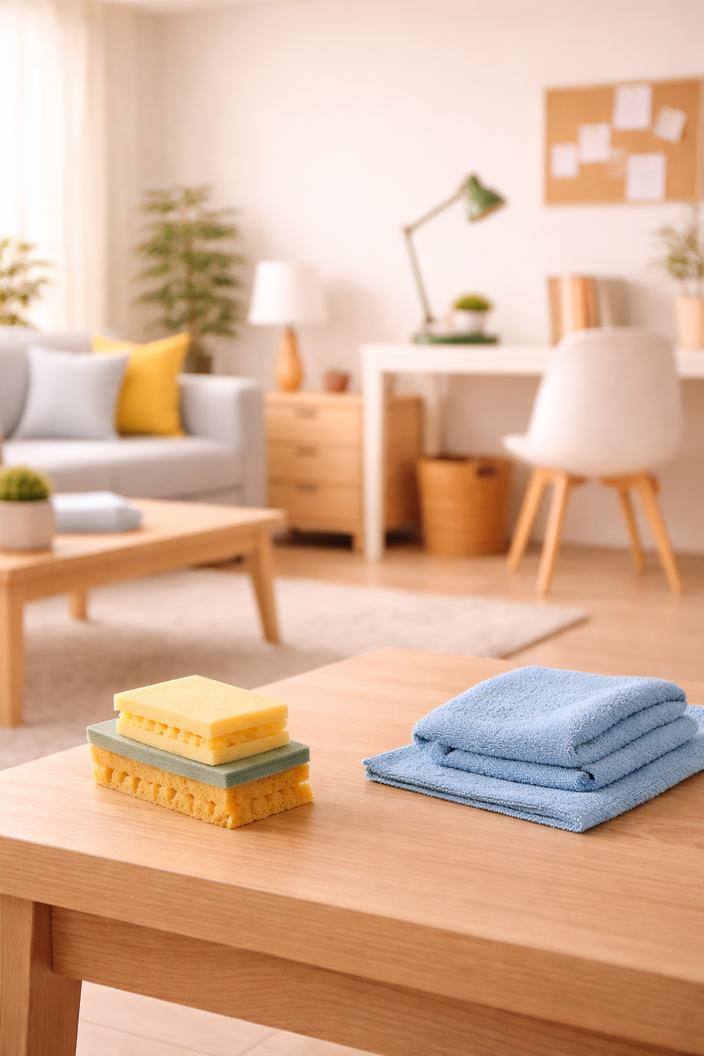 Stacked cleaning sponges and folded blue towels on a wooden table in a bright, modern living room with sofa, cushions, coffee table, desk, and plants.