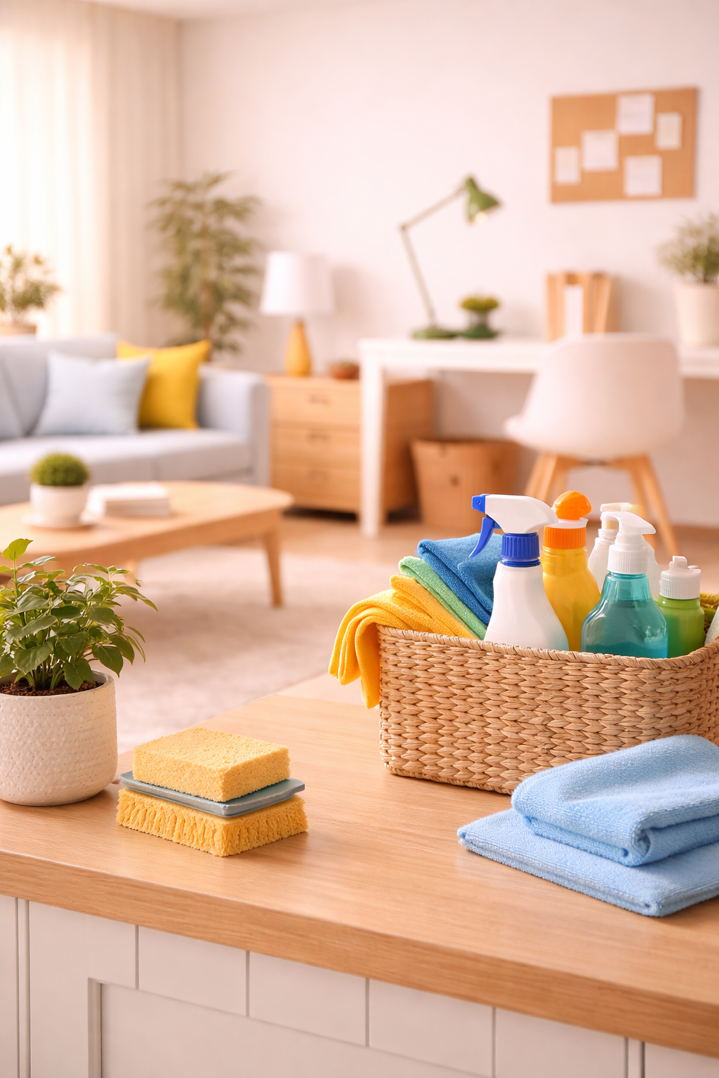 A basket of cleaning supplies including spray bottles, cloths, and sponges on a kitchen counter, with a living room in the background.