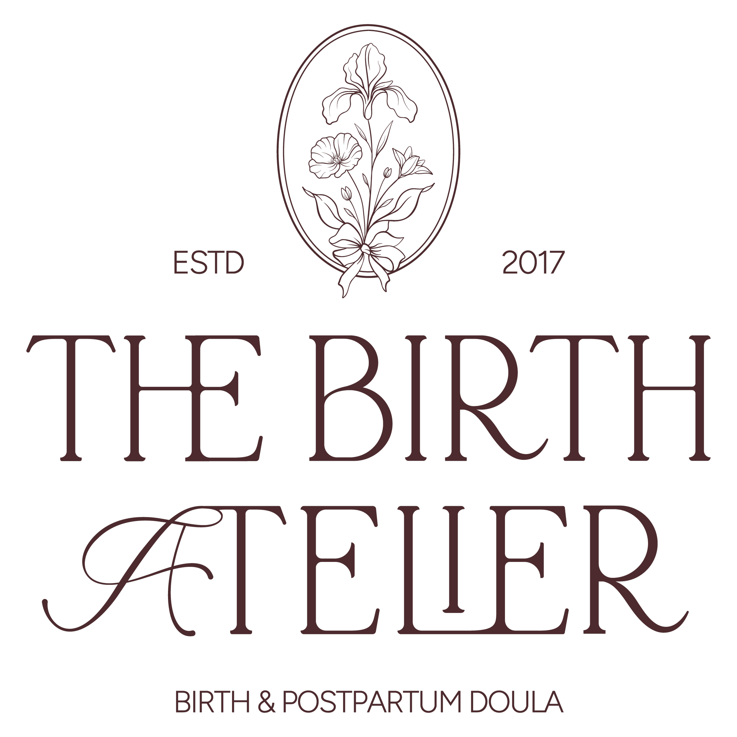 The Birth Atelier logo in plum.