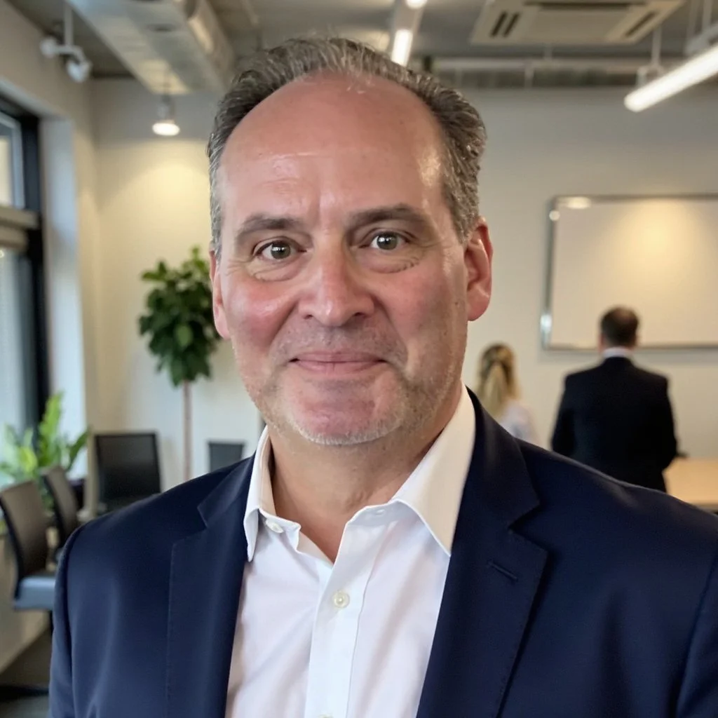 A man in a suit and white shirt smiling indoors with other people and office furniture in the background.