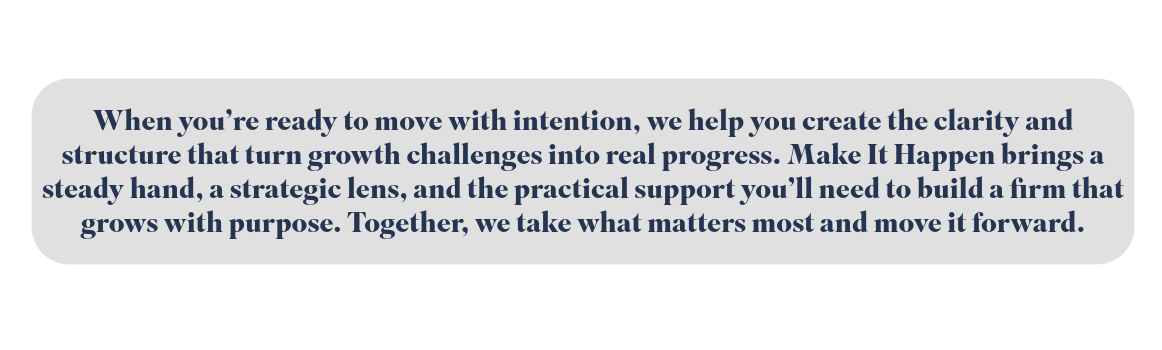 A gray rounded rectangle containing a paragraph about growth and progress, emphasizing clarity, structure, and strategic support.