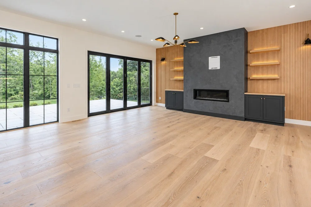 Fireplace with a textured architectural surround