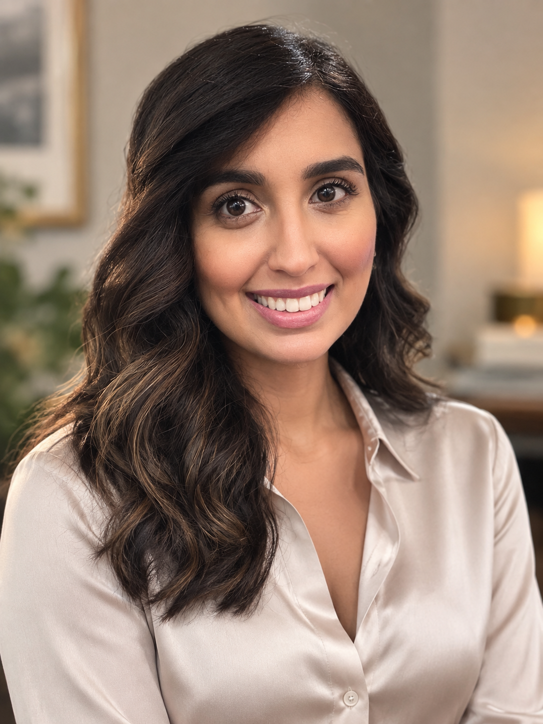 A young woman with dark, wavy hair and a friendly smile, wearing a beige satin blouse, in a warmly lit indoor setting.