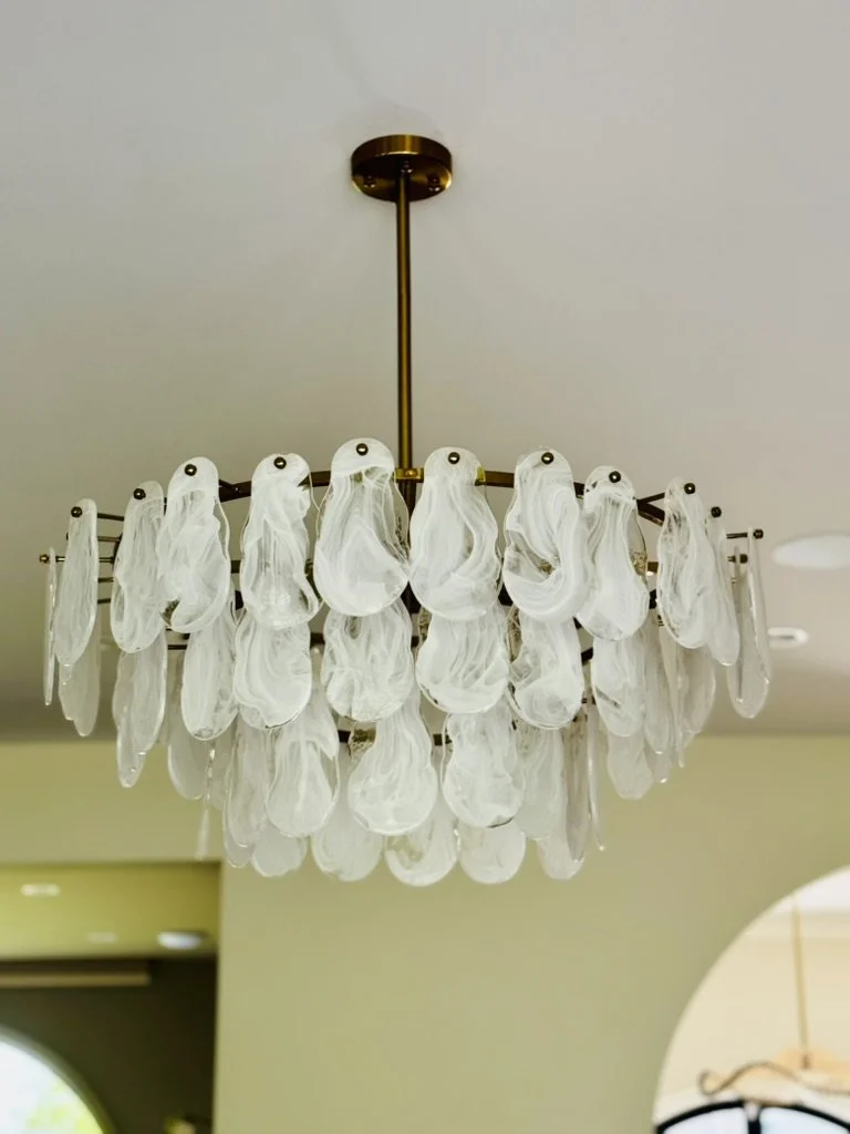 Layered glass and brass chandelier